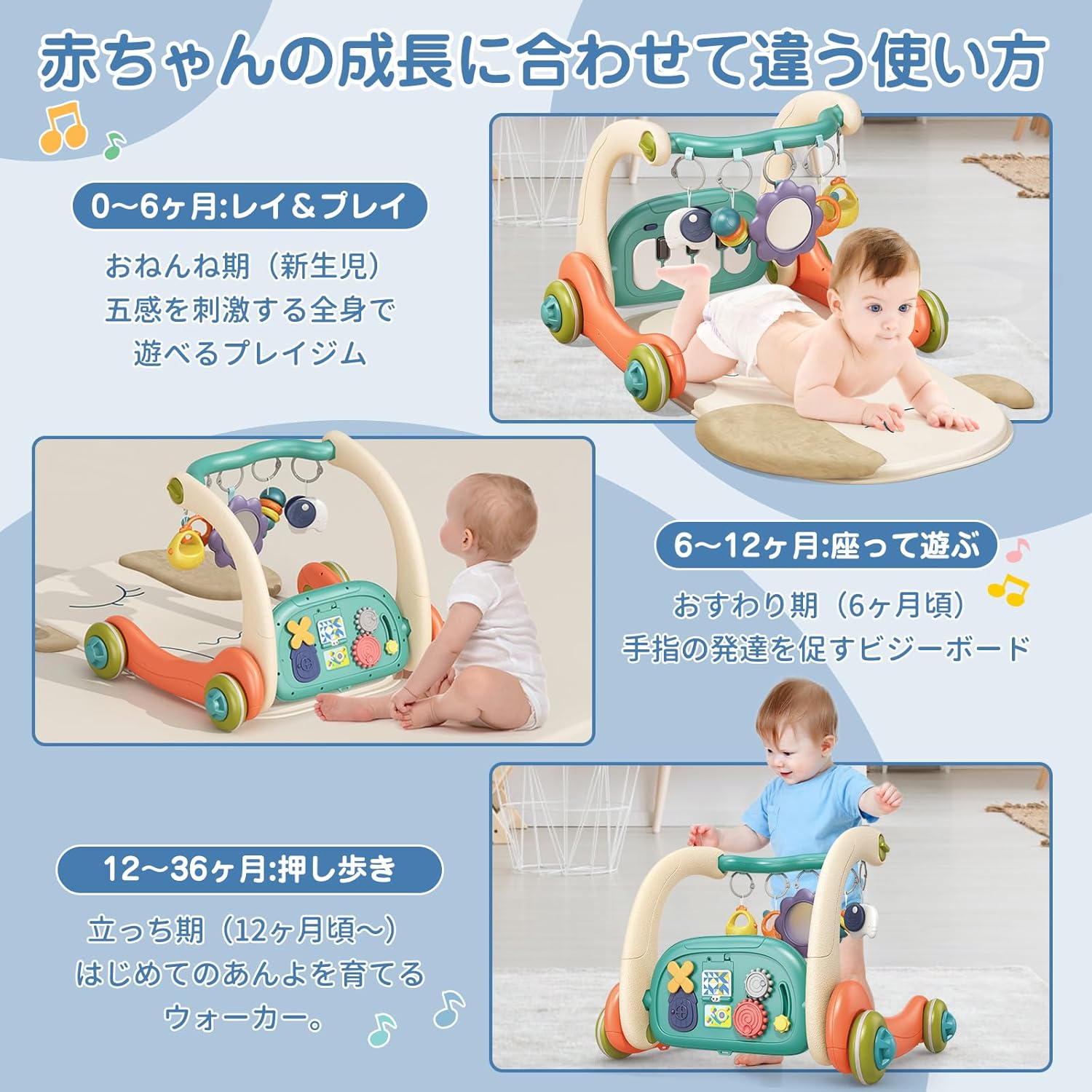商品盛りだくさん楽天市場店の3IN1 ベビージム ベビープレイマット 赤ちゃん おもちゃ 新生児 おもちゃ 音楽＆ライト 押し車 室内遊具 折りたたみ 赤ちゃん・幼児おもちゃ 室内遊具 ベビージム ・ プレイマット ・ 英語 ・ 外国語 0ヵ｜アングル2
