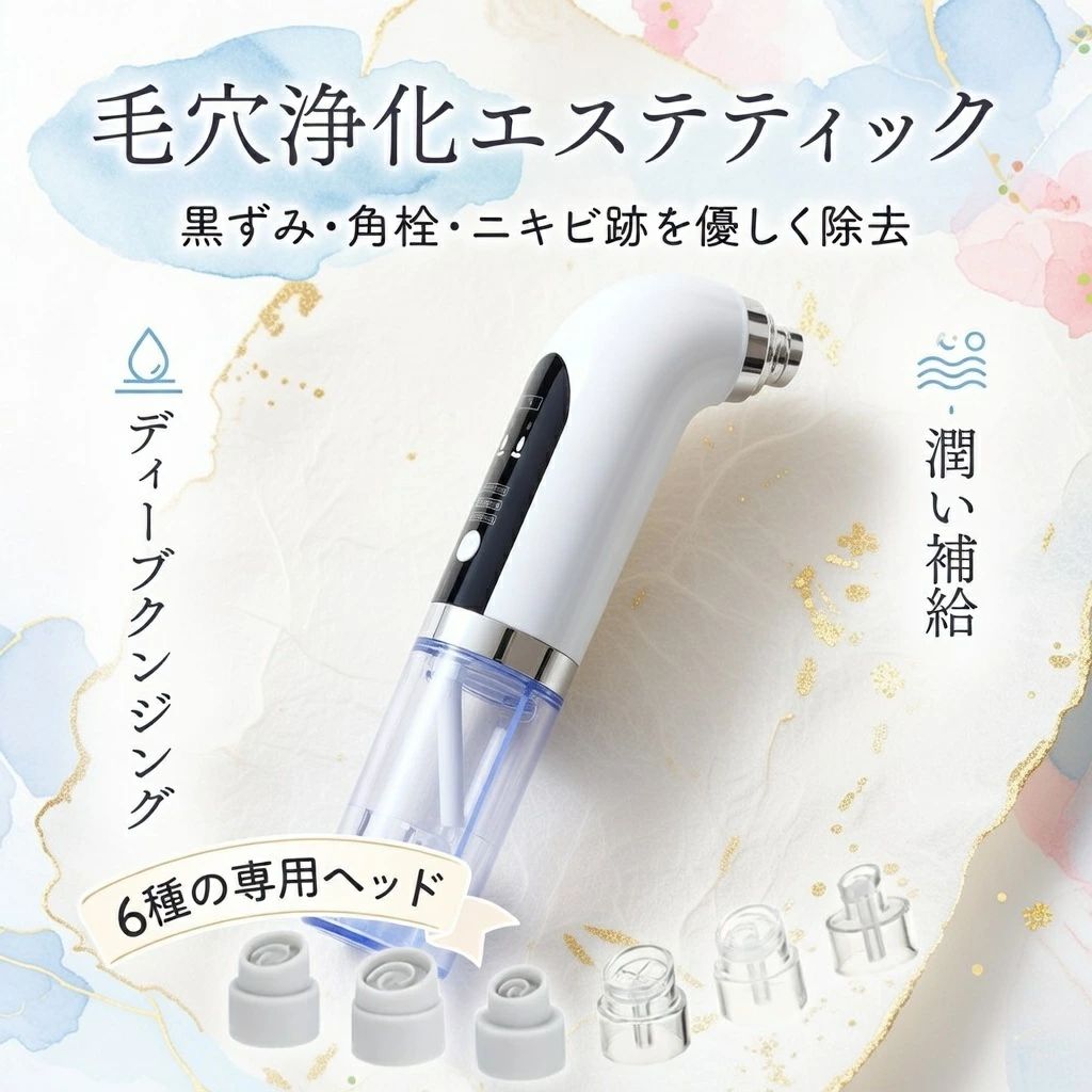 【保湿毛穴吸引器】革新的で改良された真空吸収技術、超吸引を使用して、黒ずみ、白ずみ、角質、メイクの残り、にきびを簡単に吸収し、深い毛穴のクレンジング効果があり、肌に優しい。 【混合泡水】吸うとき、肌を保湿するために水をきれいにして補充するために非粘性栄養素を加えることができます。ブルーライトは効果的な洗浄効果を提供し、それによって衛生状態を改善し、皮膚への刺激や損傷を防ぎます。 【多機能使用】乾燥肌、脂性肌、通常の肌など、さまざまなタイプの肌に幅広く適応するように自由に調整でき、肌のさまざまな領域で使用できる6つの交換可能な吸引ヘッドを備えています。 【安心安全】高品質のABS素材を使用しています、耐久性のある快適で安全なハンドルを提供しております。 注意事項 使用前後にスクラブやその他の角質除去製品を使用しないでください。 スキンケアの頻度：一週に一回おすすします。 使用時に必ず皮膚を濡らすこと。できればローションなどを使用してください。吸引したまま動かすことが前提なので、乾燥状態で皮膚が損傷します。 強い力で吸引しますので、皮膚が引き込まれないよう十分ご注意ください。 皮膚の損傷を防ぐために、ゆっくりと一方向に動かし、最弱の設定でもかなりの吸引力がありので、同じ場所に3秒以上留まらないでください。3秒以上したら肌が赤くなり、内出血を起こします。ご利用になる時、10分間以内でお控えてください。 吸引口を皮膚に強く押し当てないでください。 使用中、痛み等があった場合は、すぐに吸引口を肌から離してください。 本体を水につけたり、水をかけたりしないでください。 皮膚の弱い部分への過度のご使用はお避けください。 本体をベンジン、シンナー等の溶剤類で拭かないでください。 使用後、血行をよくするため、肌が紅潮するのが正常で、30分後には自然に消えます。 毛穴の汚れを引き出した後、顔をきれいに洗ってください。そして、毛穴収斂美容液あるいは収斂マスクを導入してください。