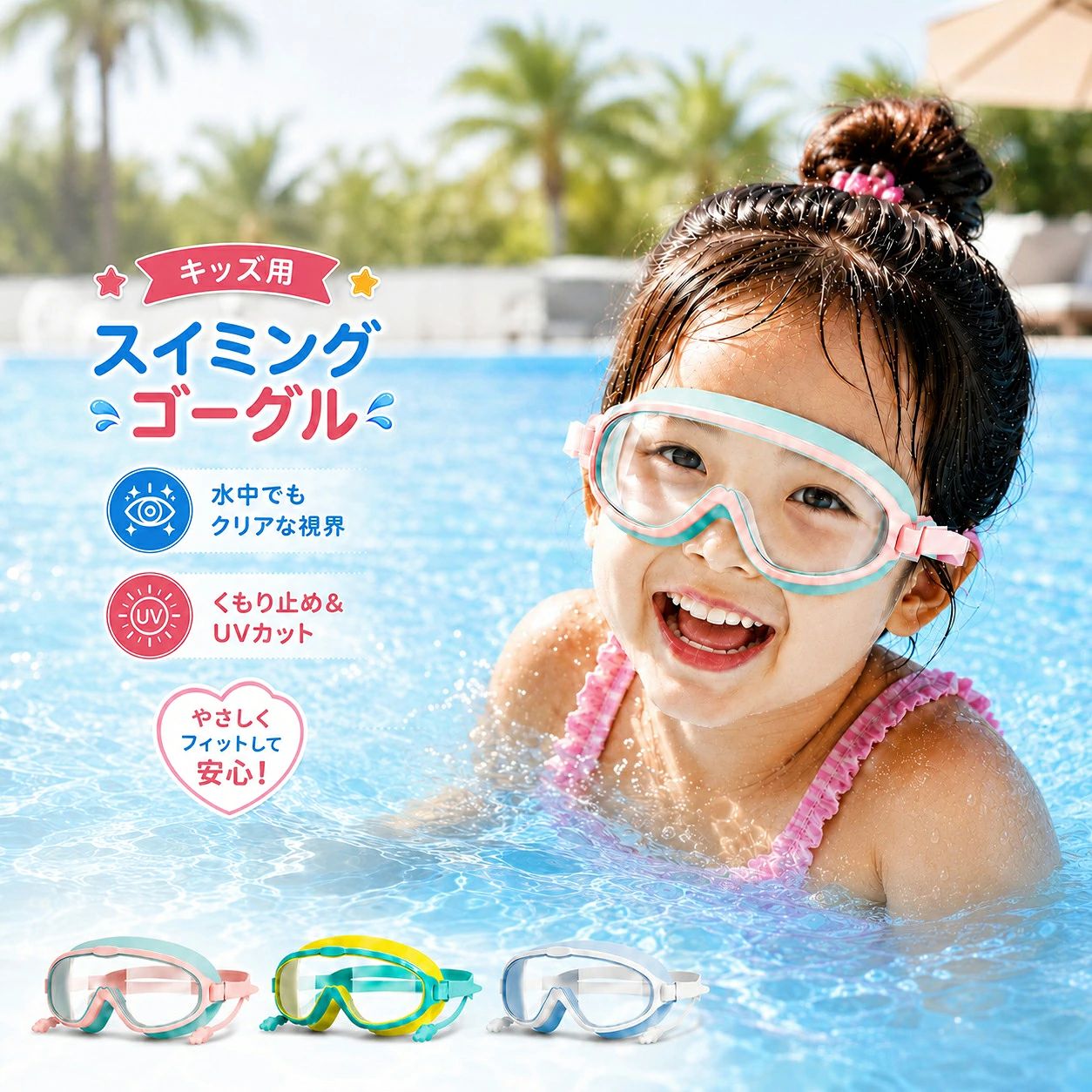高消費力キッズ向け 快適な水中体験をサポートする キッズスイミングゴーグル クリアな視界と快適なフィット感を実現。 水泳・プール・海遊びなど、夏のレジャーをもっと楽しくする お子様向けスイミングゴーグルです。 6つの高性能ポイント ● UVカット機能 紫外線から大切なお子様の目を守ります。 屋外プールや海水浴にもおすすめ。 ● 防曇加工レンズ 泳いでいる途中のレンズの曇りを軽減し、 クリアな視界をキープします。 ● 水漏れ防止設計 顔周りにしっかりフィットする構造で、 水の侵入を防ぎ快適な泳ぎをサポート。 ● 柔らかシリコン素材 肌あたりの優しいシリコン素材を採用。 長時間の使用でも快適に着用できます。 ● 調整可能ストラップ 成長に合わせて簡単にサイズ調整可能。 お子様の顔に合わせてフィットします。 ● 一体型ノーズ設計 鼻周りへの負担を軽減し、安定した装着感を実現。 広角レンズで 水中でも見やすい視界 大きめレンズ設計により、視野を広く確保。 泳ぎながら周囲を確認しやすく、 水泳練習や遊び時間にもぴったりです。 柔らかく快適なフィット感 顔に触れる部分には柔軟性のあるシリコン素材を採用。 圧迫感を抑え、長時間の着用でも快適。 水中でズレにくい安心設計 頭の形に合わせてストラップを調整できるため、 泳いでいる時もズレにくく安定した装着感。 夏のレジャーに大活躍 プール・海水浴・水泳教室など、 さまざまなシーンで活躍します。 選べる3カラー お子様の好きなカラーを選べる かわいい3色展開。 ・ミントピンク ・スカイブルー ・アイスブルー 商品仕様 商品名：キッズスイミングゴーグル 対象：子供用 素材：PC・シリコン カラー：3色 用途：プール、水泳、海水浴、レジャー 安全で楽しい水遊びをサポートする お子様用スイミングゴーグルです。