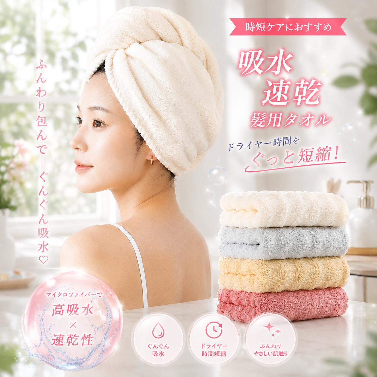 ドライヤー時間を少しでも短くしたい。 髪のダメージが気になる。 普通のタオルだと水分が残ってしまう。 そんなお悩みを解決する、 超吸水マイクロファイバー ヘアドライタオルです。 速乾・高吸水・抗菌加工で毎日をもっと快適に。 【ポイント1】想像以上の超吸水力でドライ時間を大幅短縮 高密度マイクロファイバー素材を採用し、 一般的なタオルと比べてぐんぐん吸水。 わずか数秒でしっかり水分をキャッチします。 ヘアドライタオルとしてドライヤー時間を短縮し、 髪への熱ダメージ軽減にもつながります。 【ポイント2】厚手設計でしっかり吸水＆ふわふわ肌触り ボリューム感のある厚手タオル設計。 水分をしっかり包み込み、髪をやさしくケア。 ふわふわで柔らかい吸水タオルだから、 お風呂上がりも心地よくお使いいただけます。 【ポイント3】抗菌加工・防臭仕様で毎日清潔 抗菌加工により湿った状態でも菌の繁殖を抑制。 ニオイの発生を防ぎ、約150回洗濯後も効果持続。 毎日使うバスタオルだからこそ、清潔さにこだわりました。 速乾タオルとして部屋干しにもおすすめです。 【ポイント4】お子さまにも安心のやさしい繊維 摩擦を抑えたやさしい繊維構造。 敏感肌やお子さまの肌にもやさしくフィット。 プール・習い事・ジム・ヨガ・温泉など さまざまなシーンで活躍する大判吸水タオルです。 【ポイント5】選べる大判サイズ＆豊富なカラー 35×75cm（デイリー使いに最適） 70×140cm（全身ゆったり包める大判サイズ） カラー：オフホワイト／ブルー／ピンク／グレー 速乾タオル・バスタオル・スポーツタオルとして 家族みんなで使える万能サイズ展開です。 毎日のドライ時間を快適に。 髪と肌をやさしく守る高吸水ヘアドライタオルです。 【注意事項】 ※本製品の洗濯表示タグおよびパッケージには、一部中国語表記が含まれております。品質・素材・性能には一切影響ございませんが、あらかじめご了承の上ご購入をお願いいたします。 ※海外生産品のため、タグやパッケージ仕様がロットにより若干異なる場合がございます。 ※手動測定のため、1〜3cm程度の誤差が生じる場合がございます。 ※モニター環境により実際の色味と異なる場合がございます。ご了承ください。ドライヤー時間を少しでも短くしたい。 髪のダメージが気になる。 普通のタオルだと水分が残ってしまう。 そんなお悩みを解決する、 超吸水マイクロファイバー ヘアドライタオルです。 速乾・高吸水・抗菌加工で毎日をもっと快適に。 【ポイント1】想像以上の超吸水力でドライ時間を大幅短縮 高密度マイクロファイバー素材を採用し、 一般的なタオルと比べてぐんぐん吸水。 わずか数秒でしっかり水分をキャッチします。 ヘアドライタオルとしてドライヤー時間を短縮し、 髪への熱ダメージ軽減にもつながります。 【ポイント2】厚手設計でしっかり吸水＆ふわふわ肌触り ボリューム感のある厚手タオル設計。 水分をしっかり包み込み、髪をやさしくケア。 ふわふわで柔らかい吸水タオルだから、 お風呂上がりも心地よくお使いいただけます。 【ポイント3】抗菌加工・防臭仕様で毎日清潔 抗菌加工により湿った状態でも菌の繁殖を抑制。 ニオイの発生を防ぎ、約150回洗濯後も効果持続。 毎日使うバスタオルだからこそ、清潔さにこだわりました。 速乾タオルとして部屋干しにもおすすめです。 【ポイント4】お子さまにも安心のやさしい繊維 摩擦を抑えたやさしい繊維構造。 敏感肌やお子さまの肌にもやさしくフィット。 プール・習い事・ジム・ヨガ・温泉など さまざまなシーンで活躍する大判吸水タオルです。 【ポイント5】選べる大判サイズ＆豊富なカラー 35×75cm（デイリー使いに最適） 70×140cm（全身ゆったり包める大判サイズ） カラー：オフホワイト／ブルー／ピンク／グレー 速乾タオル・バスタオル・スポーツタオルとして 家族みんなで使える万能サイズ展開です。 毎日のドライ時間を快適に。 髪と肌をやさしく守る高吸水ヘアドライタオルです。 【注意事項】 ※本製品の洗濯表示タグおよびパッケージには、一部中国語表記が含まれております。品質・素材・性能には一切影響ございませんが、あらかじめご了承の上ご購入をお願いいたします。 ※海外生産品のため、タグやパッケージ仕様がロットにより若干異なる場合がございます。 ※手動測定のため、1〜3cm程度の誤差が生じる場合がございます。 ※モニター環境により実際の色味と異なる場合がございます。ご了承ください。