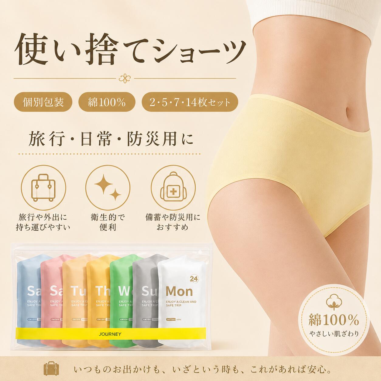 使い捨てショーツ 個別包装 綿100％ コットン 防災グッズ レディース 2枚 5枚 7枚…