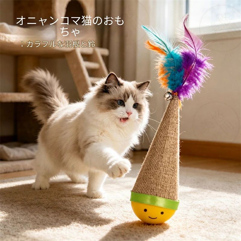 【ひとり遊び・解悶神器】猫用 起き上がりこぼしトイ 羽根＆鈴入り くるくる回転 じゃらし 倒れても起き上がる 運動不足解消 噛み強い ストレス発散 退屈防止 フェザー 鈴の音 自動揺れ 猫が夢中 ペットおもちゃ 室内遊具 耐久性抜群
