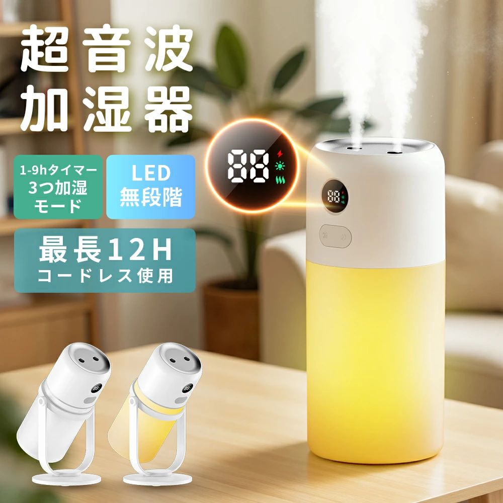 H21 卓上加湿器（2025年新モデル） 主な特徴 ● ダブルノズル強力加湿（最大60ml/h） ● 300ml 上部給水 × 分離式タンク ● コードレス（1800mAh）最大12時間 ● 20dB静音・就寝時も快適 ● 無段階調光LEDナイトライト ● 1〜9時間タイマー・自動OFF ● 転倒しにくい密閉構造・水漏れ防止 ● アロマ対応／次亜塩素酸水（50ppm以下）対応 ● マイナスイオン機能 ● 専用スタンド 360°角度調整 シリーズ累計 410,000台突破 ネット販売・海外販売を含む大人気シリーズ。 H21はさらに使いやすく進化した最新モデルです。 乾燥の季節にしっかり加湿 超微細5μmミストで肌・喉のうるおいを守ります。 寝室・オフィス・在宅ワークにも最適。 上から注ぐだけの簡単給水 フタを開けてそのまま注ぐだけ。約300mlのタンクで夜間も長時間加湿。 便利な専用スタンド（360°調整） U字型スタンドで安定感抜群。角度自由でお部屋全体をまんべんなく加湿。 抗菌加工タンク＆アロマ対応 タンクは抗菌仕様で清潔をキープ。 水溶性アロマも使用可能。 ※次亜塩素酸水は50ppm以下をご使用ください。 コードレス・Type-C充電 デスク、寝室、車内など場所を選ばず使えます。 活躍シーン ・オフィスのデスク ・寝室 / ベッドサイド ・リビング ・車内 ・書斎 / 勉強机 ・旅行や出張先にも 本体・バッテリー PSE認証済み 安全性を満たした正規品です。 セット内容 ・加湿器本体 ・スタンド ・日本語取扱説明書 ・Type-C充電ケーブル ・吸水綿棒 ×2（本体装着済み） 製品スペック 型番：H21 品名：超音波卓上加湿器 素材：ABS＋PC＋電子部品 定格入力：DC5V／1A 消費電力：2W バッテリー容量：1800mAh 本体サイズ：約75×75×195mm タンク装着時：約95×95×205mm 本体重量：約250g タンク重量：約107g 加湿量：30〜60ml/h タンク容量：300ml 注意事項 ※掲載写真は実際の商品を使用して撮影しておりますが、モニター環境により色味が異なる場合があります。 ※水溶性アロマをご使用ください。香りの強いオイルは故障の原因となります。 ※次亜塩素酸水は50ppm以下をご使用ください。 ※初回使用時は吸水綿棒が十分に水を吸うまで数分お待ちください。 ※タンクの水は毎日交換し、定期的にお手入れしてください。 検索関連ワード 加湿器 卓上加湿器 小型加湿器 超音波加湿器 上部給水 省エネ 静音 コードレス USB 乾燥対策 冬対策 寝室 オフィス デスク 車載 コンパクト ミニ加湿器 ミスト 加湿量 大容量 連続加湿 間欠加湿 タイマー付き LEDライト ナイトライト アロマ対応 抗菌タンク 空焚き防止 自動OFF 加湿器おすすめ クリスマス ギフト プレゼント 新生活 一人暮らし メーカー希望小売価格はメーカーサイトに基づいて掲載しています メーカー希望小売価格はメーカーサイトに基づいて掲載しています