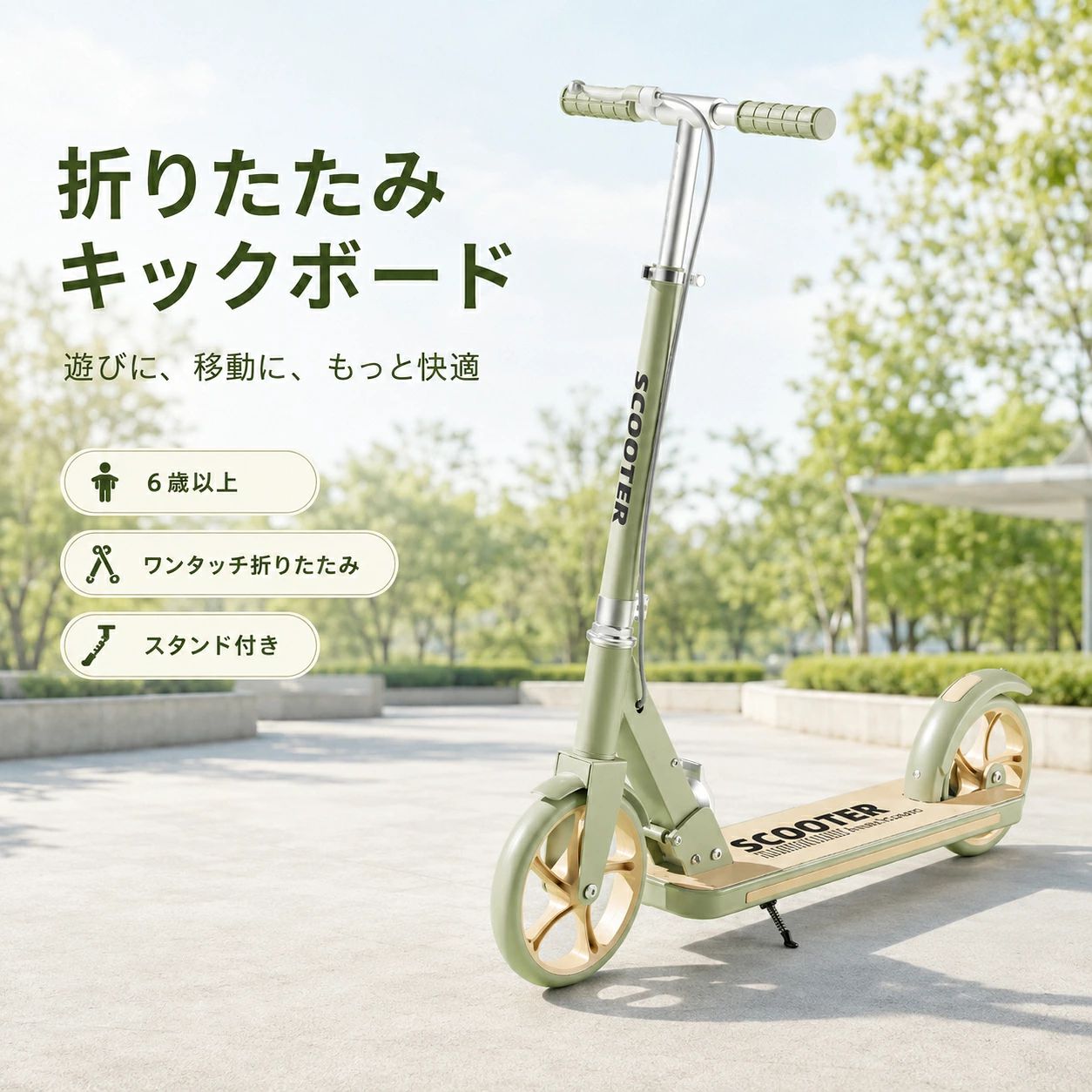 2026新仕様 キックボード 子供 2輪 キックスクーター 折りたたみ 20cm大径PUタイヤ ハンドブレーキ フットブレーキ 3段階高さ調節 キックスタンド ロングワイドデッキ キッズ ジュニア 6歳以上 外遊び プレゼント グリーン