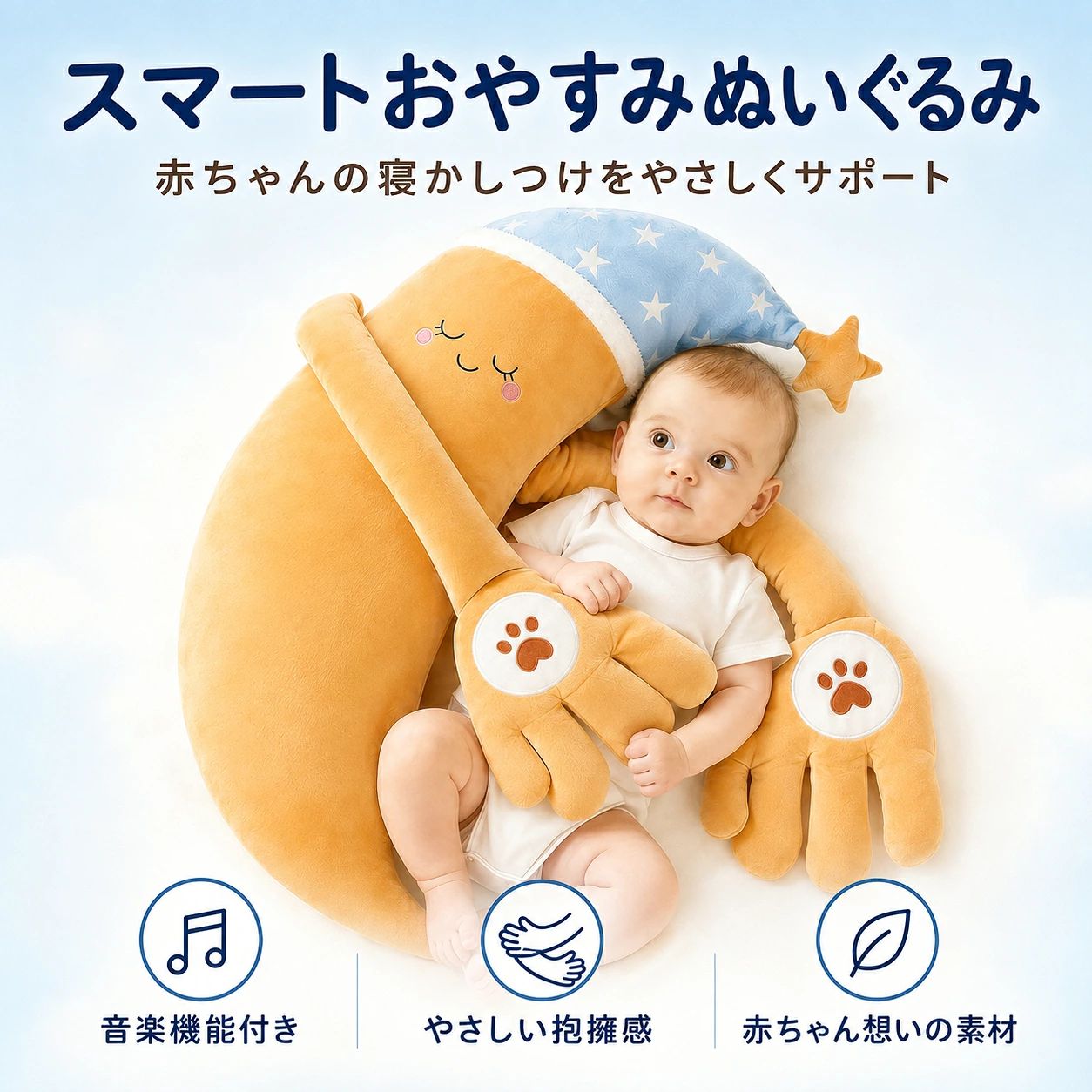 商品情報商品名赤ちゃん用 自動トントンクッション素材ポリエステル 100%対象年齢0〜3歳頃サイズ約65×25cmお手入れ外カバーのみ洗濯可能使用シーンおやすみサポート、お昼寝、くつろぎ時間、出産祝いやさしく動く自動トントン機能左右の手のひらが一定のリズムで動き、赤ちゃんのおやすみ前の時間をやさしくサポートします。弱・中・強の3段階切替赤ちゃんの様子に合わせて、トントンの速さを3段階から選択可能。リモコンで手軽に調整できます。片手約180gのほどよい重み大人の手のひらに近いサイズ感と、片手約180gのやさしい重みで、身体のそばに自然に寄り添います。取り外して温められる小豆インナー手のひら部分の小豆インナーは取り外し可能。電子レンジで温め、温度を確認してから使用できます。充電式＆外カバー洗濯可能付属の専用ケーブルで繰り返し充電可能。外カバーは取り外して洗えるため、清潔に使い続けられます。関連キーワード赤ちゃん トントン 自動トントン 赤ちゃん用クッション ベビークッション 寝かしつけクッション おやすみサポート 安撫ぬいぐるみ 月型クッション 月ぬいぐるみ ベビー枕 添い寝クッション お昼寝クッション 自動拍打 リモコン付き 3段階 弱モード 中モード 強モード 充電式 専用ケーブル USB充電 小豆インナー 小豆カイロ 小豆クッション 温められる 手のひらクッション 片手180g 外カバー 洗える 洗濯可能 ベビー用品 育児グッズ 出産 メ一力一希望小?価格 メーカー希望小売価格はメーカーサイトに基づいて掲載しています メーカー希望小売価格はメーカーサイトに基づいて掲載しています メーカー希望小売価格はメーカーサイトに基づいて掲載しています【送料無料】ベビー枕 赤ちゃん用 自動トントンクッション 月型 ベビー寝かしつけクッション 3段階 リモコン操作 充電式 小豆インナー付き 外カバー洗濯可能 ベビーギフト お昼寝 新生児 0歳 1歳 2歳 出産祝い 出産準備 やさしいトントンとほどよい手の重みで、赤ちゃんのおやすみ時間をサポート｜弱・中・強の3段階切替＆専用リモコン付き ——————————————————赤ちゃんのおやすみ時間に、やさしく寄り添う月型の自動トントンクッションです。左右の大きな手のひらが一定のリズムで動き、保護者がやさしくトントンするような感覚を演出します。動作モードは「弱・中・強」の3段階。赤ちゃんの様子に合わせて、付属のリモコンで電源と速度を簡単に切り替えられます。片手の重さは約180g。大人の手のひらに近いサイズ感とほどよい重みで、赤ちゃんの身体のそばにやさしく寄り添います。手のひら部分には、取り外し可能な小豆インナーを収納できます。小豆インナーを取り出して電子レンジで温め、保護者が温度を確認してから手のひら部分へ戻すことで、じんわりとした温もりを楽しめます。本体は充電式で、付属の専用ケーブルを使って繰り返し充電可能。使用時はコードを外して使えるため、リビングや寝室など、さまざまな場所で使いやすい仕様です。外カバーは取り外して洗濯でき、清潔にお手入れできます。月型のかわいいデザインとブルーの星柄ナイトキャップは、ベビー用品としてだけでなく、出産祝いのギフトにもおすすめです。※本製品は保護者の見守りのもとでご使用ください。——————————————————注意事項：・必ず保護者の見守りのもとでご使用ください。 ・本製品を赤ちゃんの顔、口元、鼻の近くに置かないでください。 ・手のひら部分で赤ちゃんの口や鼻を覆わないよう、使用中は常に位置をご確認ください。 ・本製品は医療機器ではありません。治療、疾病予防、夜泣き改善などを目的とした製品ではありません。 ・赤ちゃんを本製品と一緒に寝かせたまま、長時間目を離さないでください。 ・寝返りが活発になった場合や、赤ちゃんが自力で移動できるようになった場合は、特に注意してご使用ください。 ・使用前に本体、手のひら、ケーブル、リモコンに破損や異常がないか確認してください。 ・異音、異臭、異常な発熱、動作不良がある場合は、直ちに使用を中止してください。 ・充電中は赤ちゃんのそばで使用しないでください。 ・充電には付属の専用ケーブルをご使用ください。 ・ケーブルを赤ちゃんの手の届く場所に放置しないでください。 ・ケーブルを首、手足、家具などに巻き付けないでください。 ・小豆インナーは手のひら部分から取り出して加熱してください。 ・小豆インナーの加熱目安は、50〜60℃、約1〜1.5分です。 ・電子レンジの機種や出力により、加熱時間を調整してください。 ・加熱後は必ず保護者が手で触れて温度を確認し、熱すぎる場合は使用しないでください。 ・小豆インナーを加熱しすぎたり、焦げたにおい、変色、破損がある場合は使用しないでください。 ・小豆インナーを蒸したり、煮たり、水に浸したりしないでください。 ・小豆インナーは洗濯できません。 ・外カバーのみ洗濯可能です。 ・クッション本体、小豆インナー、電動ユニット、リモコン、専用ケーブルは洗濯できません。 ・洗濯前に外カバーから洗濯不可部品をすべて取り外してください。 ・外カバーは洗濯表示に従い、洗濯ネットの使用をおすすめします。 ・洗濯後は形を整え、風通しのよい場所で十分に乾燥させてください。 ・濡れた状態や内部が十分に乾いていない状態では使用しないでください。 ・火気、暖房器具、高温多湿、直射日光の当たる場所を避けて保管してください。 ・商品の色は、撮影環境やモニター設定により実物と多少異なる場合があります。 ・商品仕様や付属品は、生産時期により予告なく一部変更される場合があります。 5
