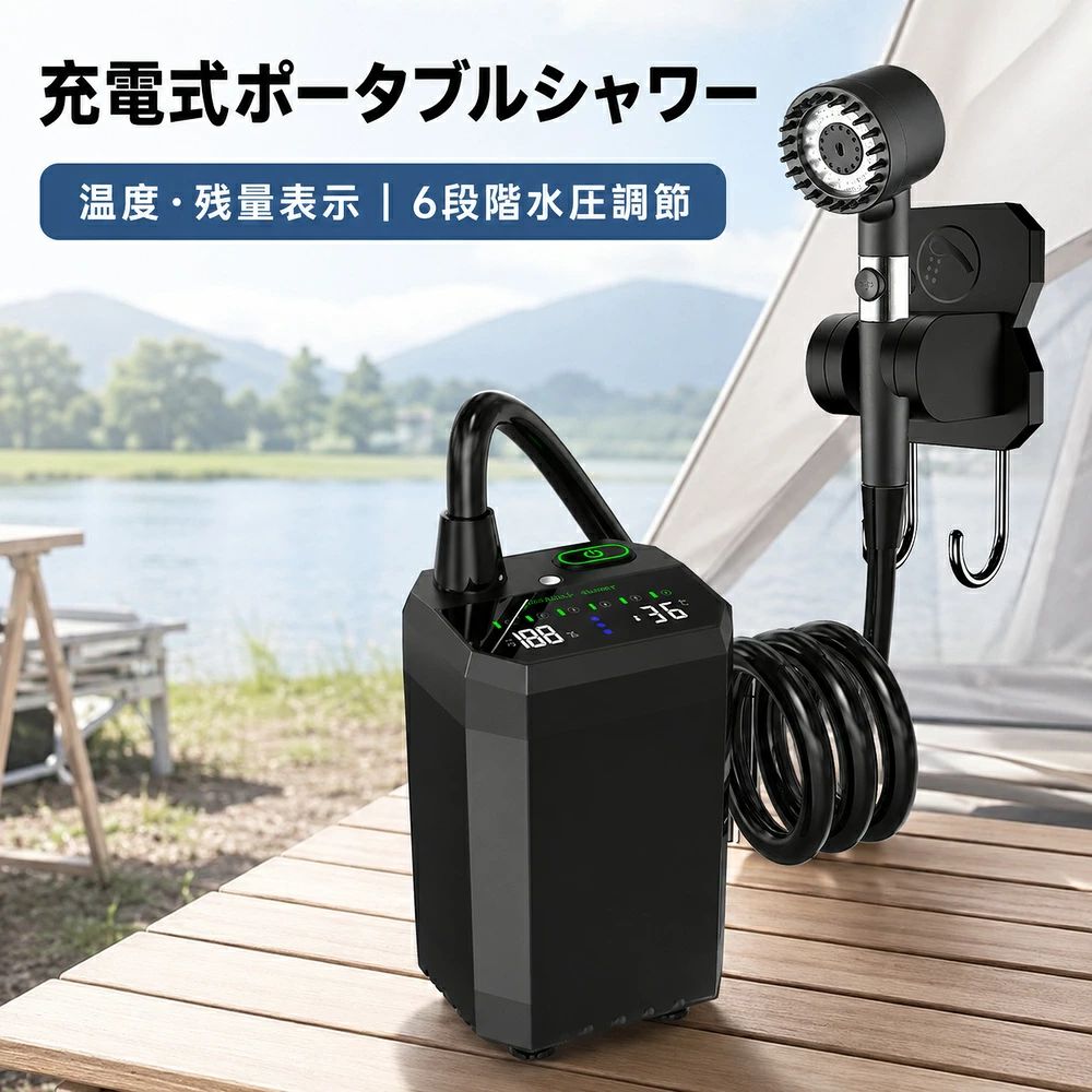 【応急・アウトドア用品】ポータブルシャワー 充電式 6000mAh 12000mAh 6段階水圧調節 水温・残量表示 LEDライト IPX8防水 Type-C充電 2mホース 吸着・吊り下げホルダー アウトドア キャンプ 洗車 ペット 防災