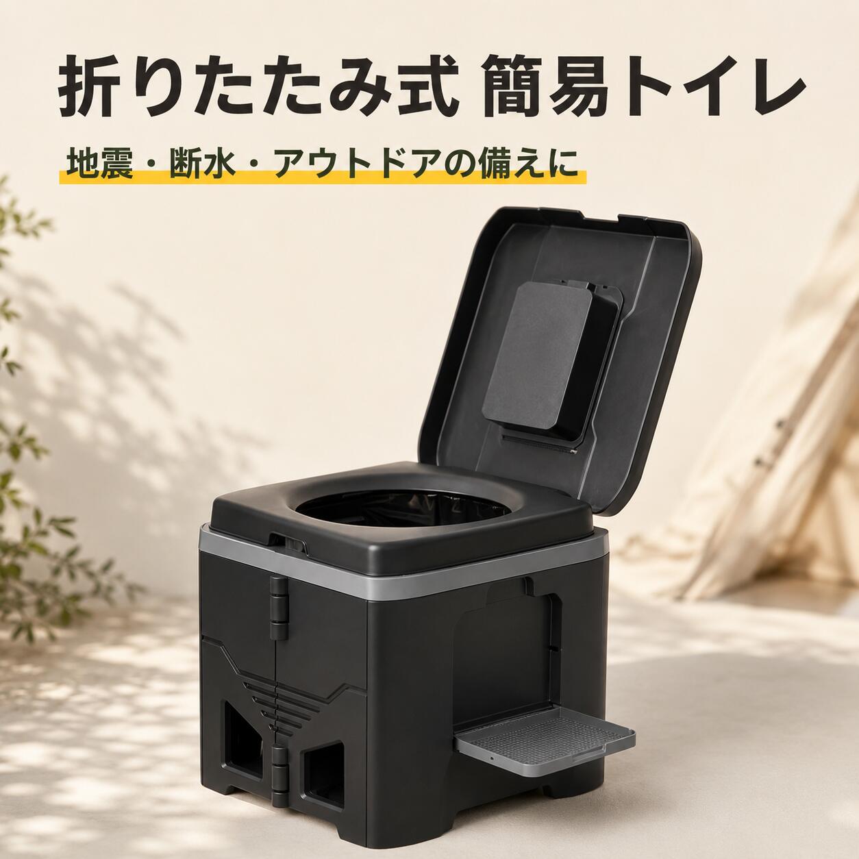 商品情報商品名折りたたみ式簡易トイレサイズ展開：幅30.5×奥行34.5×高さ30cm折り畳み：幅30.5×奥行34.5×高さ12.7cm素材材質：PP重量：1.8kg最大荷重：150kg【おすすめの使用シーン】・地震、台風、大雨などの災害時・断水や排水設備の故障時・避難所や防災備蓄用・渋滞や長距離ドライブ・車中泊、キャンピングカー・キャンプ、釣り、登山などのアウトドア・工事現場や屋外イベント・介護時やトイレまでの移動が難しい場合関連キーワード簡易トイレ 折りたたみトイレ 非常用トイレ 防災トイレ 災害用トイレ 携帯トイレ ポータブルトイレ 折りたたみ便座 凝固剤付き 汚物袋付き 収納袋付き 静止耐荷重150kg 水不要 電気不要 地震 断水 停電 災害対策 在宅避難 車中泊 キャンプ アウトドア 防災グッズ 防災用品 非常用品 防災備蓄 コンパクト 収納 サイドトレー【防災用品・凝固剤12包付き】簡易トイレ 折りたたみ式 静止耐荷重約150kg 水・電気不要 汚物袋1ロール 収納袋付き ポータブルトイレ 非常用トイレ 地震 断水 車中泊 キャンプ アウトドア 3カラー 水も電気も使わず、必要な時にすぐ設置。コンパクトに折りたためる、災害・断水・車中泊・アウトドアの備えに。 ご使用上の注意：・ご使用前に、本体の四面、底板、固定部分、便座が確実にはまっていることをご確認ください。・必ず平らで安定した場所に設置してください。傾斜地、段差のある場所、滑りやすい場所では使用しないでください。・約 150kg は、正しく組み立てた状態で静かに座った場合の静止耐荷重の目安です。・本体の上に立つ、飛び乗る、踏み台として使用するなど、強い衝撃や偏った荷重を加えないでください。・サイドトレーはスマートフォンやティッシュなどの小物置き用です。足を乗せたり、体重をかけたりしないでください。・汚物袋は正しく便座部分に取り付け、使用後は袋の口をしっかり結んでください。・凝固剤の固まり方や所要時間は、使用量、水分量、気温などの条件によって異なる場合があります。・使用済みの袋や凝固剤は、お住まいの自治体のルールに従って処分してください。・小さなお子様が使用する際は、必ず保護者の方が付き添ってください。・火気、暖房器具、直射日光、高温多湿になる場所を避けて保管してください。・商品サイズや重量には、測定方法や製造時期により多少の誤差が生じる場合があります。・モニター環境や照明条件により、掲載画像と実際の商品の色味が異なって見える場合があります。・入荷時期により、付属品のパッケージや本体の細部仕様が予告なく変更される場合があります。・防災用品として利用する場合は、緊急時にすぐ使用できるよう、事前に一度組み立て方法をご確認ください。 5