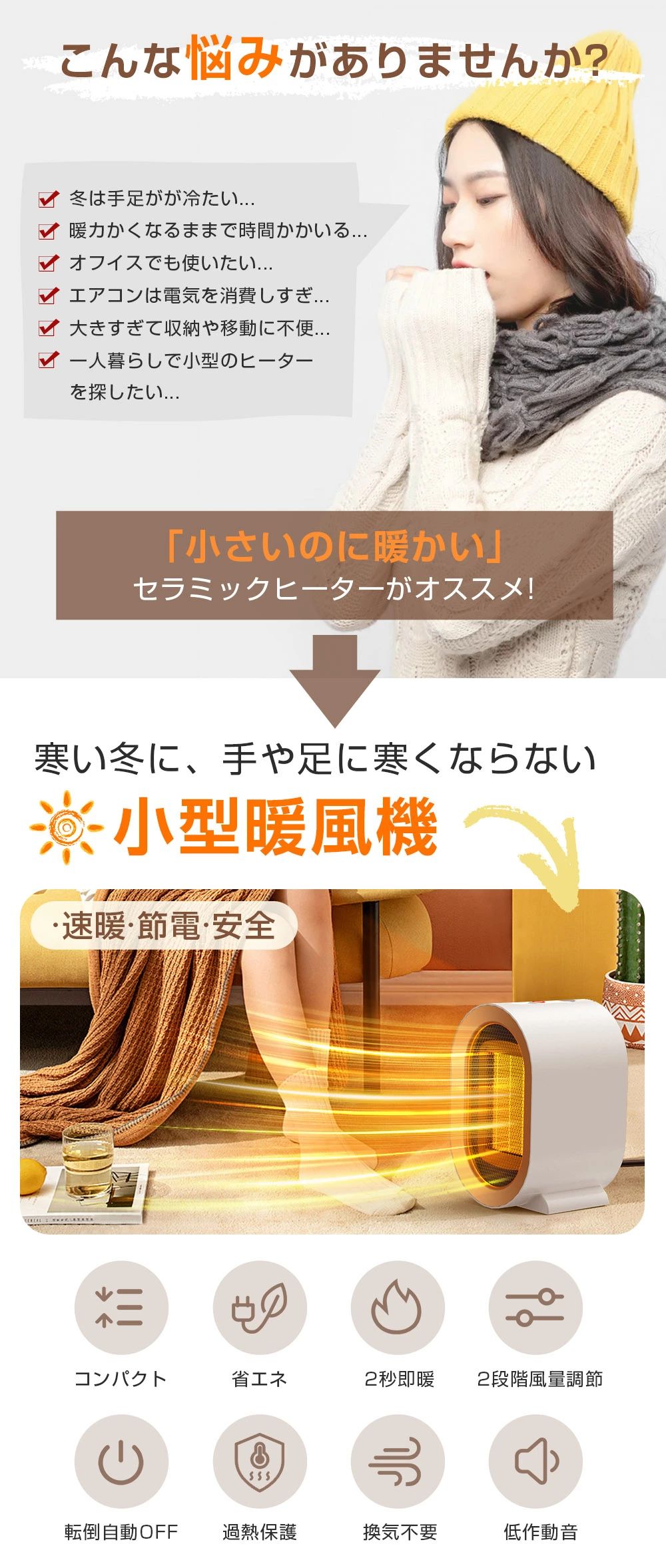 セラミックヒーター 小型 卓上 省エネ 電気ファンヒーター ヒーター ミニ 速暖 コ...