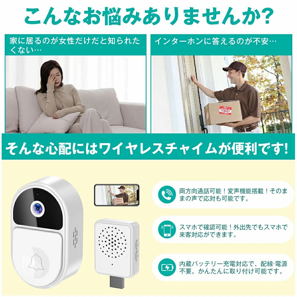 インターホン ワイヤレス スマホで対応&会話可能 工事不要 ドアホン ビデオドアベ...