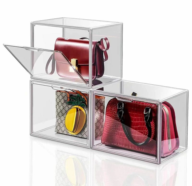 Stackable, magnetic plastic front-opening storage box for bags, toys, wallets, shoes, cosmetics, and documents. Approximately 36cm (width) x 22cm (depth) x 27cm (height).