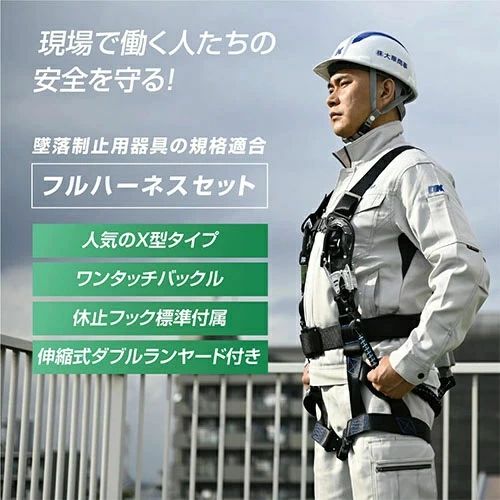 Rakuten - 【産業安全技術協会 認証済み】新規格適合 フルハーネスセット 墜落制止用器具 ワンタッチバックル 伸縮式ランヤード付属 安全帯 軽量モデル 激安 dk-fhb-100