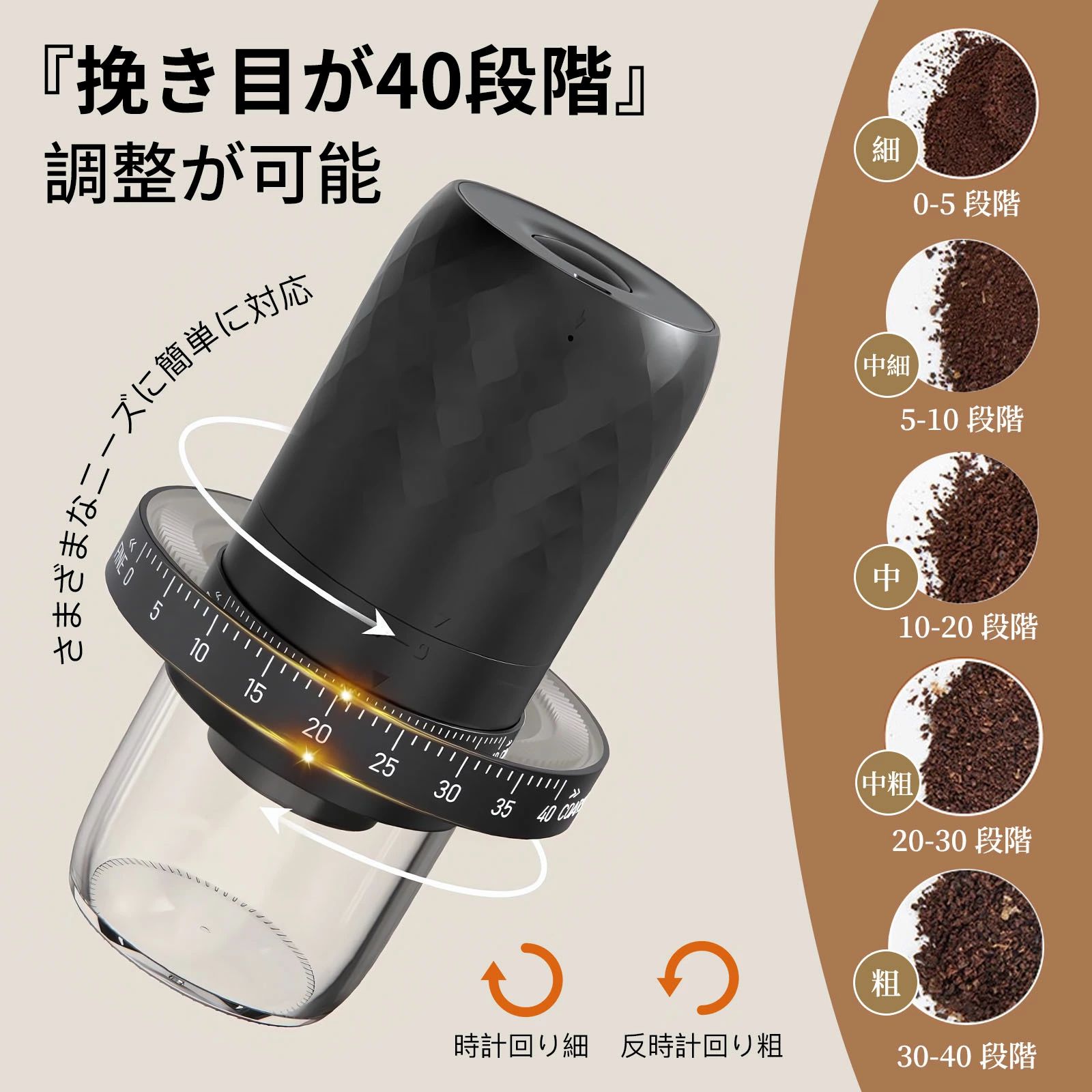 コーヒーミル 電動 挽き目40段階カンタン調整 残粉率0.2% 電動ミルコーヒー USB 充...