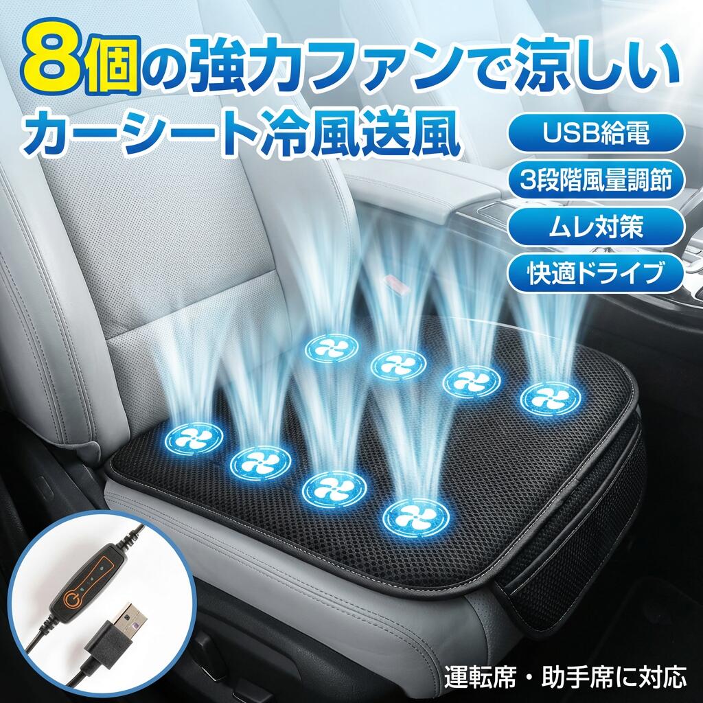Rakuten - 【8個強力ファンで涼しい】シートクッション 送風ファン付き クールシート 車 USB電源 3段階風量調整 シートクーラー 車用 シートカバー 通気性 自動車 運転席 助手席 自宅用 ポイント消化 プレゼント ギフト 人気 おすすめ 新生活 母の日 父の日 誕生日