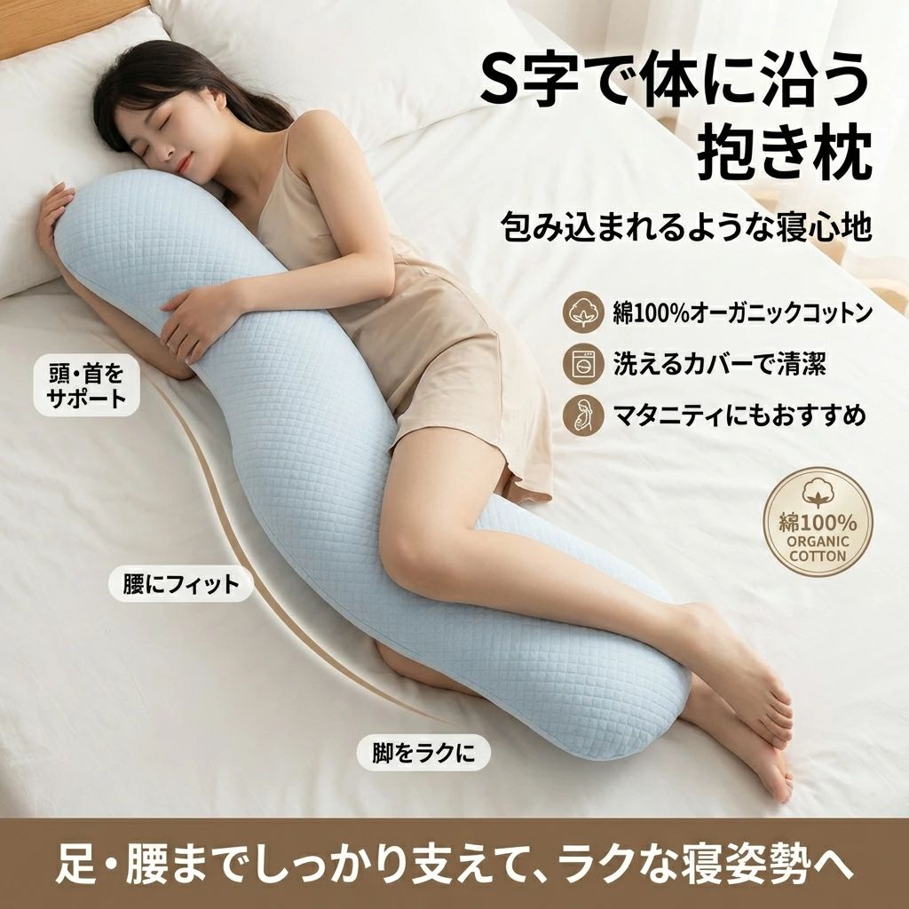 Bedding - 【S字で体に沿う】抱き枕 オーガニックコットン 綿100 オーガニックコットン 100cm 130cm 洗える 抱きまくら ボディーピロー 安眠 横向き寝 うつ伏せ マタニティ ポイント消化 プレゼント ギフト 人気 おすすめ 新生活 母の日 父の日 誕生日