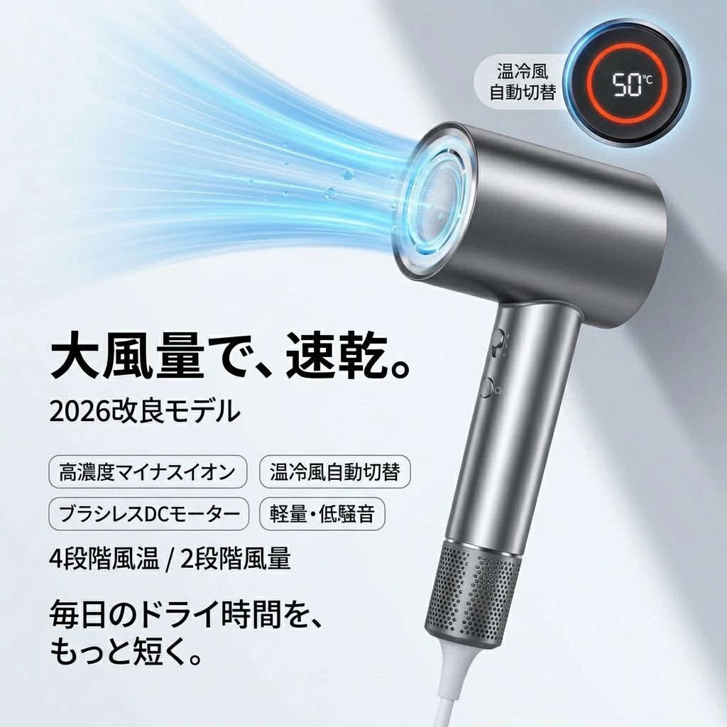 【大風量で速乾】ドライヤー 2026改良モデル 3億個高濃度マイナスイオン 温冷風自動切替 2段階風量 4段階風温 ブラシレスDCモーター メモリ機能 低騒音 軽量 コンパクト ヘアドライヤー hair dryer ポイント消化 プレゼント ギフト 人気 おすすめ 新生活 母の日 父の日