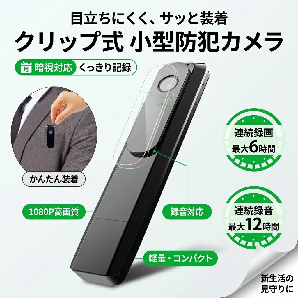 防犯カメラ 小型 ビデオカメラ：録画、静止画、動体検知、PCカメラ、USBメモリ、ボイスレコーダー、長時間録画、赤外線録画最先端の技術を備えたデジタルビデオカメラビジネスマンにとって、商談での大事な記録や契約での言った言わないは避けたいもの持ち運びにも便利な小型軽量設計新登場、マイクロ型で違和感ない撮影および持ち運びが可能クリップ式、固定も可能! どこにも防犯に最適！ドライブレコーダーとしてもご利用できます！長時間録画が実現し、内蔵電池で約6時間録画、12時間録音できます!電源接続しながらの録画も可能！【商品仕様】型番：M1製品サイズ：11*2.1*1.4 cm画素範囲：1920*1080本体材質：アルミニウム合金バッテリ持続時間：10時間以上録音形式：MOVサポートシステム：WindowXP、2003、Vista Win 7/8/10、Mac充電電圧：DC-5 Vインタフェースストレージ：5 Pin USB、MicroSD TF A電池容量：1000 mAh【検索キーワード】（本商品の説明ではありません）防犯カメラ屋外 防犯カメラ家庭用 防犯カメラワイヤレス 防犯カメラセット 防犯カメラ家庭用屋外 防犯カメラ屋外wifi 防犯カメラソーラー 防犯カメラダミー 防犯カメラ小型 防犯カメラ屋外家庭用ソーラー 防犯カメラ 小型カメラ アクションカメラ ハイビジョン マルチスポーツカメラ バイクカメラ ドライブレコーダー ボイスレコーダー 室内 小型 コンパクト マイク 運動 自転車 バイク 散歩 登山 スノーボード 動体検知 microSDカード 休校 留守 留守番 子供 子ども ペット ベビー 監視カメラ 暗視 フルハイビジョン FullHD 安心 日本語 簡単 設定 サポート iphone Android 防犯カメラ 室内 小型 コンパクト 運動 自転車 バイク スノーボード 登山 マイク 無線 ワイヤレス microSDカード 録画 コロナ 休校 留守 留守番 子供 子ども ペット ベビー 暗視 フルハイビジョン FullHD 安心 日本語 サポート iphone Android注意事項・ラッピング対応は行っておりません。・予告なく仕様変更になる場合がございます。・写真はイメージです。実際の商品と若干異なる場合がございます。・基本は全国一律送料無料と対応させていただきますが、沖縄・北海道・離島地域へお届けの場合は別途送料をご請求させていただきます。・商品のサイズは採寸方法によって、若干な誤差が生じる場合はあります。ご了承ください。品質保証・出品商品は全て新品未使用です。・安心の初期不良対応：万が一商品に不具合があった場合は、商品到着後7日以内にご連絡ください。・不具合の状況確認のため、写真や動画のご提供をお願いする場合がございます。確認後、速やかに「新品交換」または「ご返金」にて対応させていただきます。・お客様に安心してご購入いただけるよう、誠心誠意サポートいたします。「悪い評価」を付ける前に、まずはお気軽にご相談ください。小型 防犯カメラ, クリップ式防犯カメラ, ペンクリップ型カメラ, 小型監視カメラ, 小型ビデオカメラ, 1080P フルハイビジョン, ハイビジョン FullHD, 19201080 録画, 録音対応 ボイスレコーダー, MOV 録音形式, 動体検知, 赤外線録画 暗視, クリップ装着 目立ちにくい, アルミニウム合金 ボディ, microSD TFカード, microSDカード 対応, USBメモリ 録画, 長時間録画, 内蔵電池 約6時間録画, 電源接続しながら 録画, 5Pin USB, PCカメラ, 監視カメラ 室内, 防犯カメラ家庭用, 防犯カメラ屋外, 防犯カメラ屋外家庭用, 防犯カメラセット, 防犯カメラワイヤレス, 防犯カメラ屋外wifi, 防犯カメラソーラー, 防犯カメラダミー, ドライブレコーダー, バイクカメラ, 自転車 バイク 散歩, 登山 スノーボード スポーツカメラ, アクションカメラ, マルチスポーツカメラ, 室内 留守番 見守り, 休校 記録, 子供 子ども 監視, ペット見守り, ベビー 見守り, 運動 記録カメラ, 簡単設置 日本語, 安心, コンパクト 小型軽量, おしゃれ 高見え, トレンド 目立ちにくい, 新生活, 母の日 プレゼント, 父の日 ギフト, 誕生日 プレゼント, ポイント消化, 楽天スーパーSALE, お買い物マラソン, 送料無料注意事項：モニターの発色により、実物と異なる場合がございます。