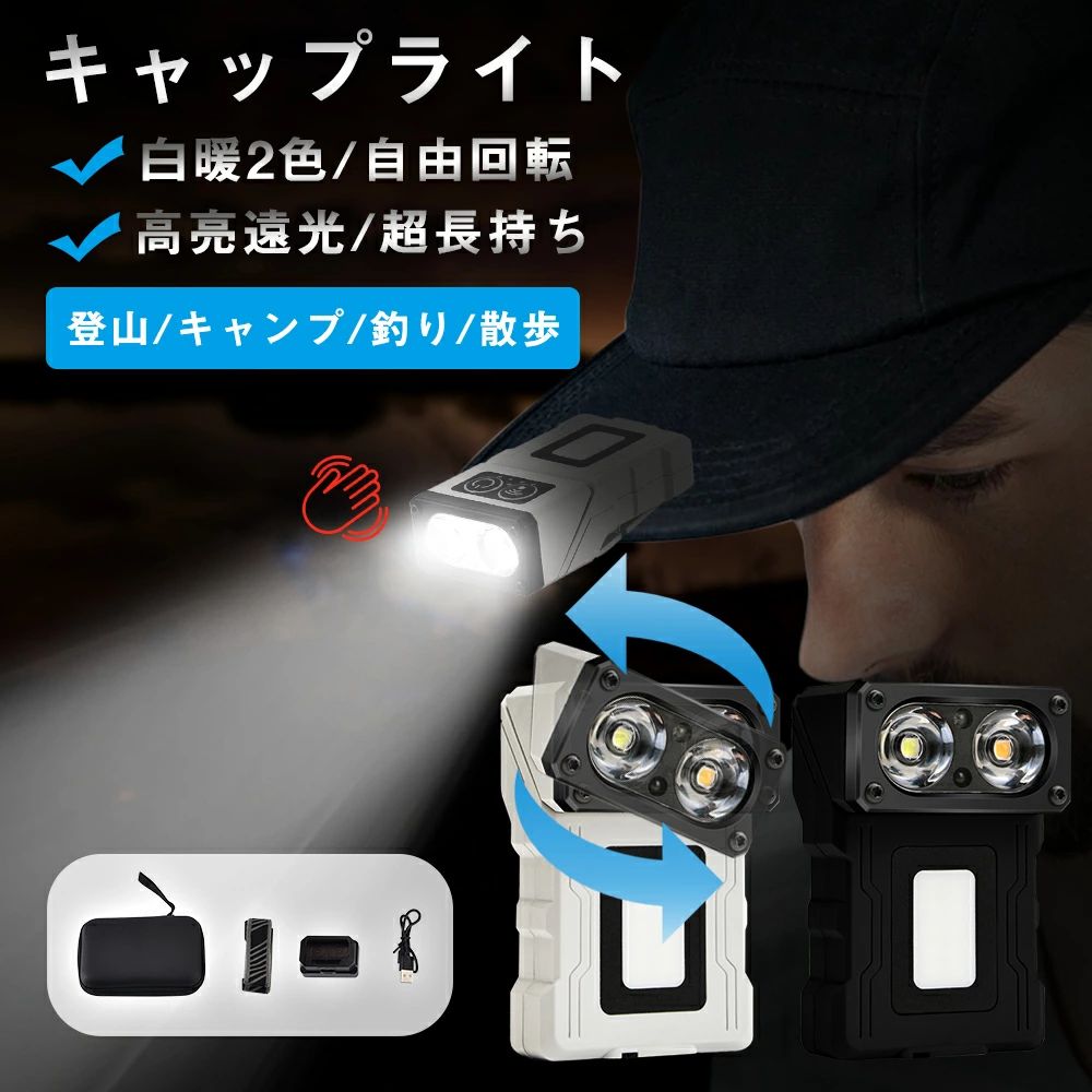 LEDヘッドライト 挟む 小型 二種類のLED光源 10種類ライトモード 30時間点灯 Type-C充電式 軽量 帽子ライト 180°角度調整可能 キャップライト センサー機能搭載 防水 充電ドック モーションセンサー 高視認性 夜釣り SOS