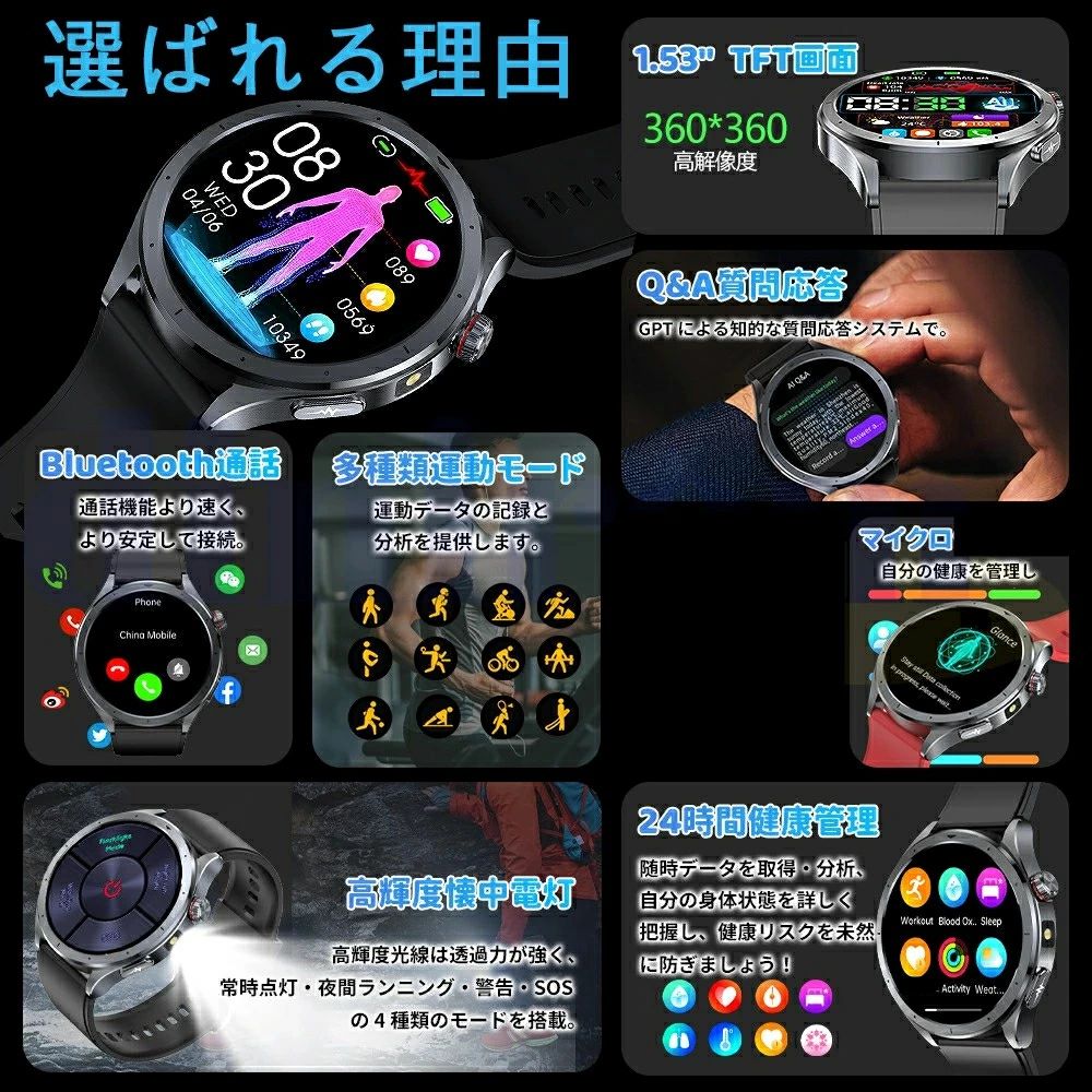 商品盛りだくさん楽天市場店の2026最新型 スマートウォッチ 日本製センサー iPhone Android 24時間健康管理 Bluetooth 通話機能 着信通知 睡眠管理 レディース メンズ 高齢者プレゼント｜アングル2