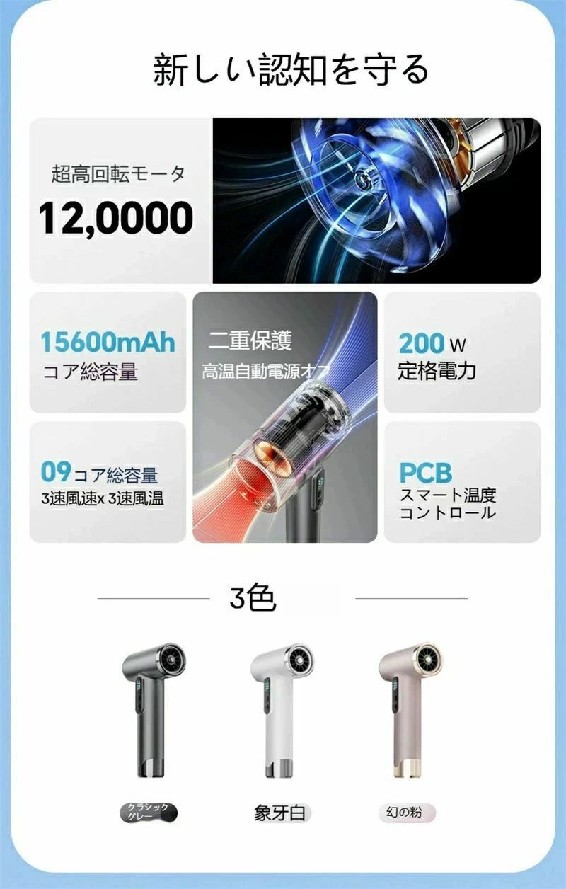 新生活 子供 家族 省エネ 低騒音 美髪 持ち運び 旅行 ポータブル 熱風 冷風 ハイパワー DCモーター ワイヤレス コードレスドライヤー 15600mah 3段階調整 温風 軽量 ヘアケア 速乾 大風量 ヘアドライヤー 充電式高速風 温風 3