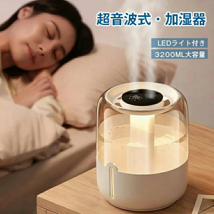 加湿器 大容量 デュアル噴霧口 3.2L スチーム式加湿器 超音波式 加湿機 湿度表示 おしゃれ 上から給水 自動停止機能 長時間加湿 省エネ エコ シンプル クリスマスプレゼント