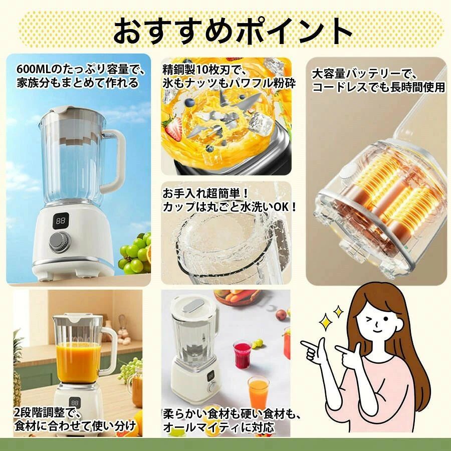商品盛りだくさん楽天市場店のジューサー ミキサー 氷も砕ける スムージー ジュース 2段階調節 ハイパワー 600ml大容量 10枚刃 1台多役 お手入れ簡単 USB充電式｜アングル3