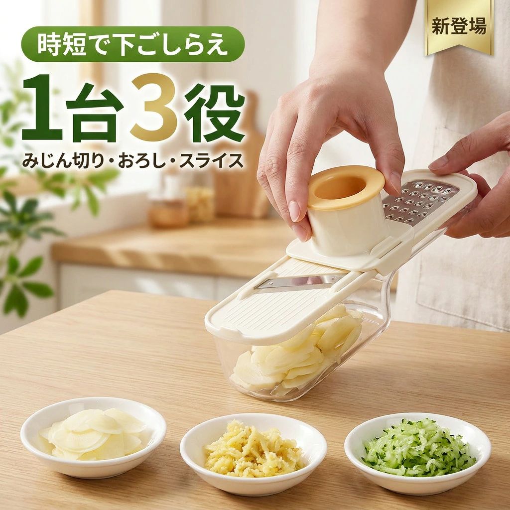 みじん切り おろし器 にんにくつぶし フードチョッパー ハンディチョッパー フードプロセッサー 調理器具 料理 一人暮らし 新生活この多機能ミンサーは、ニンニク生姜キュウリなどをスライス、すりおろし、刻むことができ、料理の準備時間を短縮し、キッチン作業の効率化を実現します。商品情報多用途キッチンアシスタント：この多機能ミンサーは、ニンニク生姜キュウリなどをスライス、すりおろし、刻むことができ、料理の準備時間を短縮し、キッチン作業の効率化を実現します。家庭料理に欠かせない便利なアイテムです。高品質の安全素材：食品グレードの丈夫なプラスチックを使用しており、長く使える耐久性を誇ります。安全ガードが指を保護し、小さな野菜の処理も安心して行えます。安全性と耐久性を兼ね備えた設計です。スマートな使いやすさ：透明の収納室で、材料の大きさを確認しながら作業でき、多量の食材の無駄を防ぎます。すべての刃や部品は内部に収納でき、整理整頓されたキッチン作業空間を実現します。簡単お手入れ：水洗いだけで簡単に清掃でき、隅々まできれいに保てます。複雑な分解作業は不要で、手軽に使えて料理の準備が楽しくなります。ギフトに最適：実用性とスタイリッシュなデザインを兼ね備えたミニマンドリンスライサーは、特別な日やギフトに最適です。大切な人へのプレゼントとして、簡単に調理できる喜びを贈りましょう。