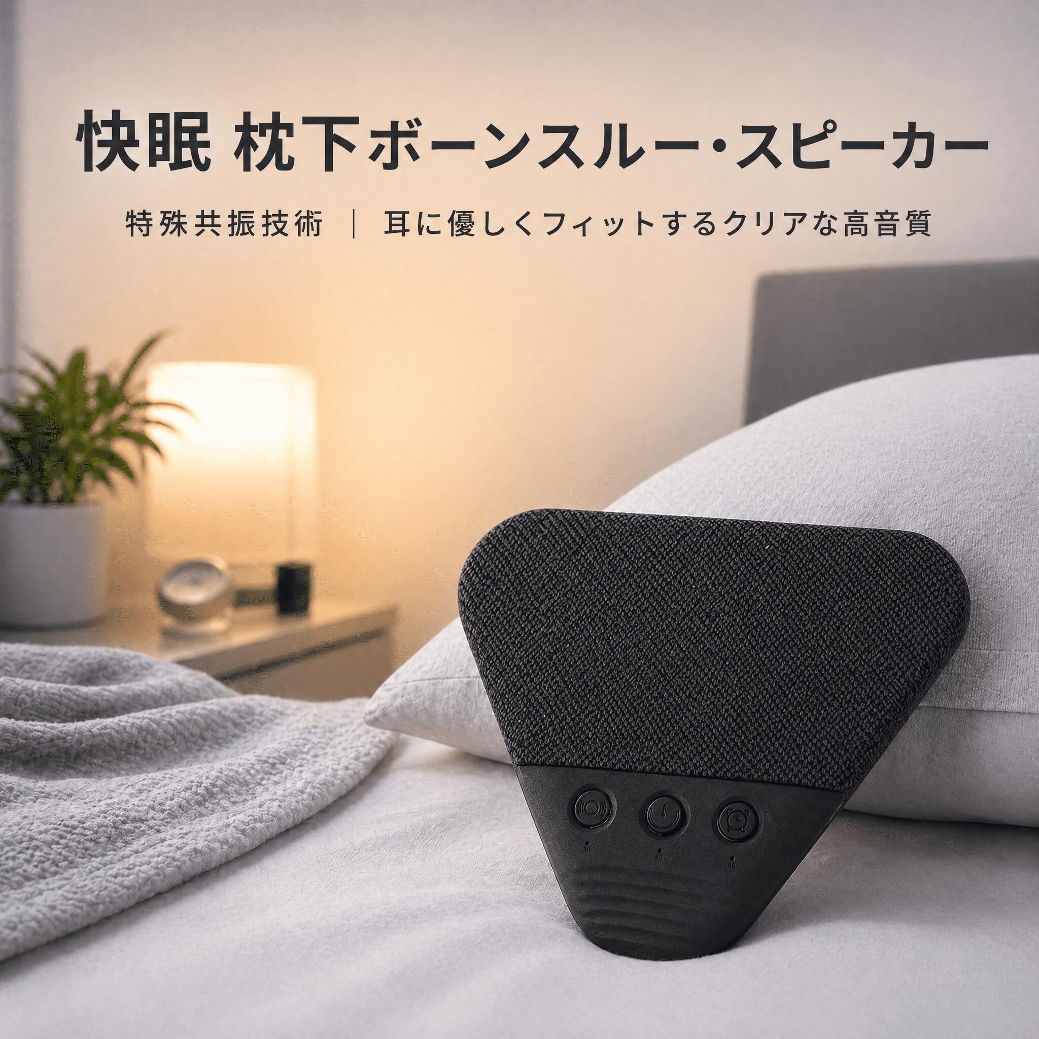 商品ポイント仕様：アイテムタイプ: Bluetooth ピロースピーカー素材: ABS + PC + リネンテクスチャ生地色: 黒Bluetooth バージョン: 6.0出力電力: 500mW対応機能：Bluetooth、小型メモリーカード、ホワイトノイズスピーカー: 40mm 8Ω 0.5Wリチウムイオン電池：300mAh（出荷時は内蔵電池）サイズ: 約。 108 x 120 x 14mm / 4.25 x 4.72 x 0.55インチ使用方法: ワンクリックスタートボタンを押して製品の使用を開始します。パッケージリスト:1 x Bluetooth ピロースピーカー1×充電ケーブル1×取扱説明書