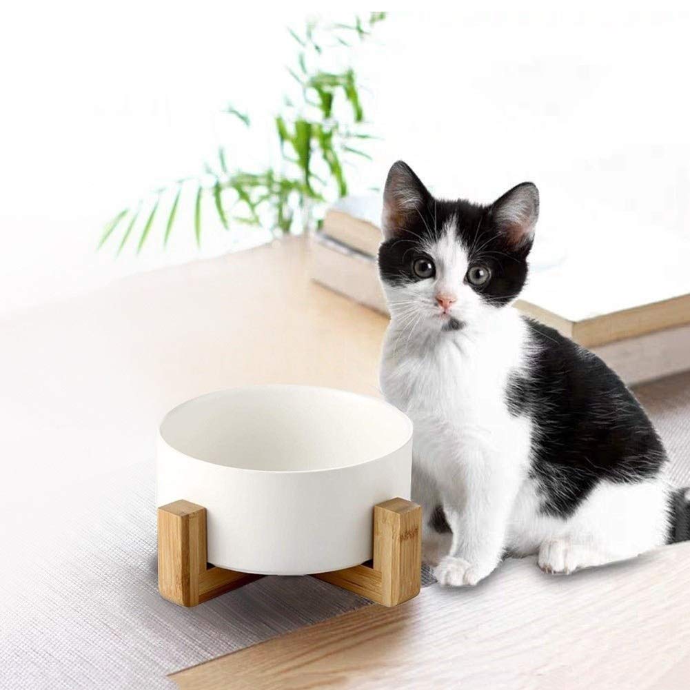 食器 安定 丈夫 小型犬 猫 滑り止め 陶器 食べやすい フードボウル 手入れ簡単 給餌器 ホワイト Size セラミックス : ボウル ペット : ペットの負担を軽減 (Color 天然竹製スタンド付き ペット 水飲みボウル 850ml)
