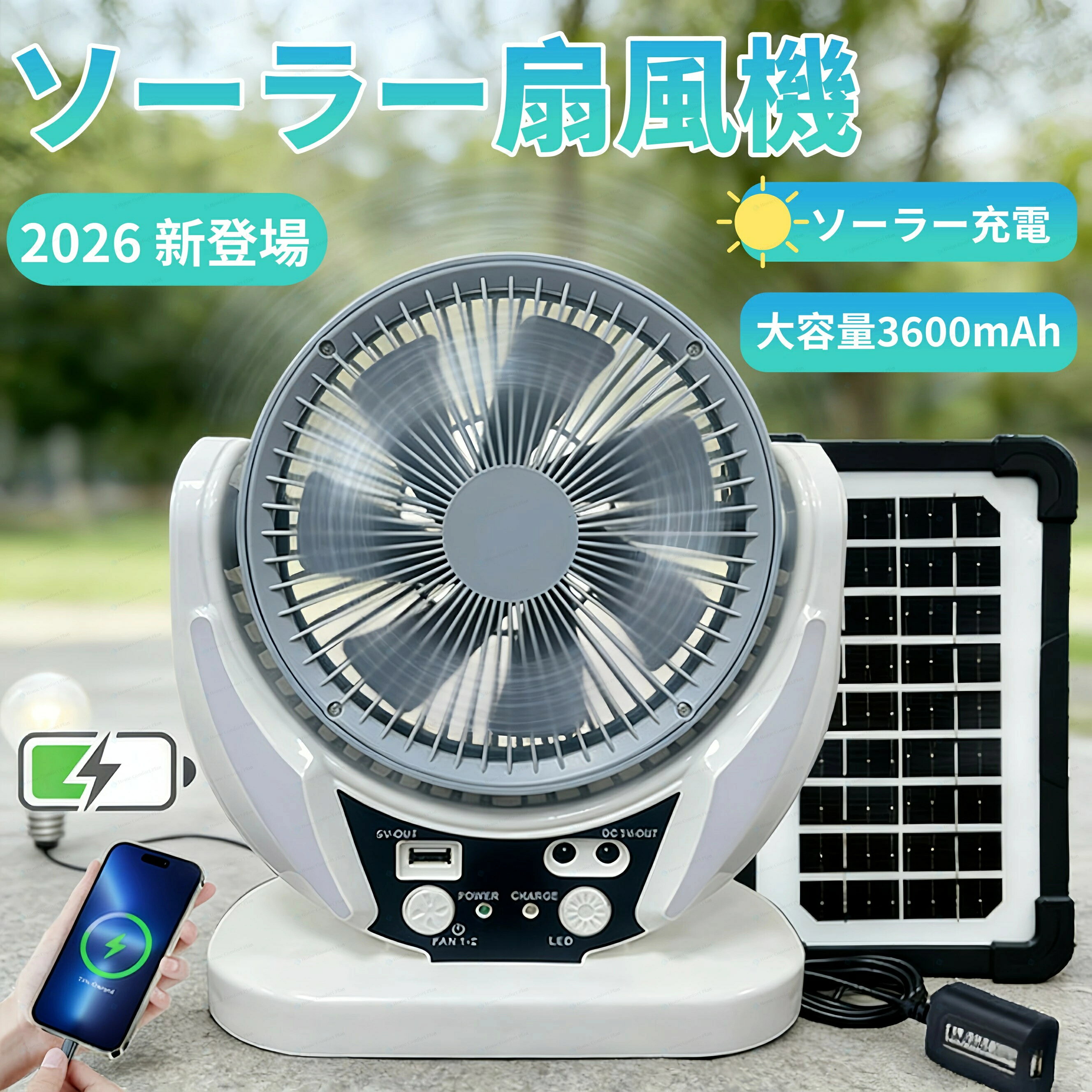 ソーラー扇風機 アウトドア 夏用 コードレスファン ソーラー2段階調整 夏 レジャー LEDライトファン ソーラーパネル 車中泊 ソーラー 3600mahコンパクト 太陽光 おしゃれ 屋外 防災 停電 非常用 充電器 屋外 屋内 キャンプ サーキュレーター lotsofproduct-10012193 商品盛りだくさん楽天市場店 パッケージ画像