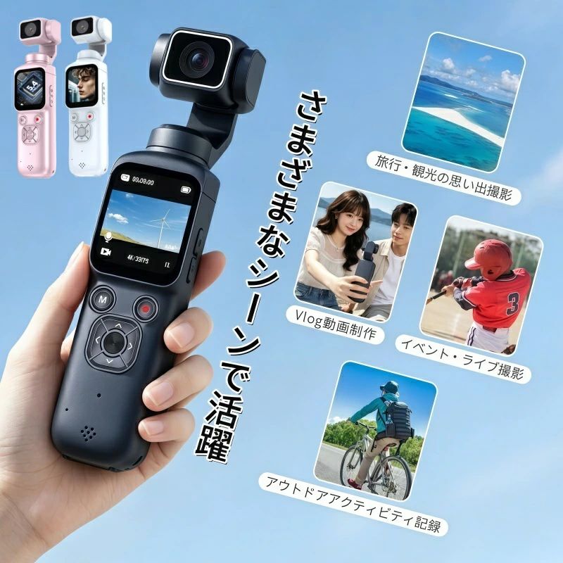 商品名アクションカメラ カラーブラックグレー、ホワイト、ピンク サイズ約 161.5*36.7*30mm重さ：約 160g 商品特徴1.超高画質 4K 撮影・7500 万画素レンズ 4K@30fps 動画撮影に対応、7500 万画素高解像レンズで細部まで鮮やかに記録。昼間の観光風景はもちろん、暗所撮影機能搭載で夜間イベント・室内パーティでもノイズ少ないクリア映像を実現。TikTok・YouTube・インスタ Vlog 投稿に最適です。 2.3 軸電動ジンバル｜手ブレ補正 + 自動追尾機能 本体一体型 3 軸スタビライザー内蔵、強力な電子手ブレ補正で歩き撮影・サイクリング・スポーツ撮影でも揺れない安定映像。人物自動追尾機能搭載、撮影対象をロックするだけでカメラが自動追従、一人旅・自撮り Vlog に超便利。 レンズヘッド：水平 330° 回転＋上下 180° チルト、自由に画角調整可能。 3.超薄型軽量ポケットサイズ 手のひら収まる小型設計、ポケット・カバンに簡単収納。カラー：ブラックグレー / ホワイト / ピンクの 3 カラー展開、男女問わずお好みの色を選べます。タッチパネル式液晶画面で撮影設定・録画確認を直感操作。 4.Bluetooth6.1+WiFi+OTG 多機能接続 WiFi・Bluetooth6.1：専用アプリ経由でスマホと瞬時連携、撮影画像 / 動画をワンタップでスマホに転送、SNS 即投稿可能。遠隔リモート撮影にも対応。 OTG 機能：カメラ本体から直接スマホ・USB メモリへデータ転送、PC 無しでデータ整理 OK。 5.2400mAh 大容量内蔵バッテリー長時間撮影 2400mAh リチウムバッテリー搭載、フル充電で連続録画約 3〜4 時間実現。一日の観光・アウトドアアクティビティ・ライブイベント撮影でバッテリー切れの心配を低減。 6.幅広い使用シーン 旅行・観光：旅先風景、温泉・自然スポット記録 Vlog 制作：日常自撮り、グルメ・買い物動画 アウトドア：サイクリング・ハイキング・キャンプ撮影 イベント・スポーツ：野球・ライブ・お祭り臨場感録画 仕事用：商品紹介動画、店舗 PR 動画作成 使用上のご注意【バッテリー充電について】 初回使用時は必ずフル充電してからご使用ください。充電は 5V/2A 以下の USB 充電器を推奨、急速充電器（9V/12V）を使用すると本体バッテリー劣化・故障の原因になります。長期未使用の場合は 1 ヶ月に 1 回補充電を行ってください。 【撮影メモリーカード】 本機は microSD カード（別売）必須です。U3/V30 以上高速 SD カードをご使用ください。低速カードは 4K 録画時に録画停止・ファイル破損の不具合が発生します。初挿入後は本体側でフォーマットを実施してください。 【ジンバル稼働注意】 電源 ON 状態でレンズヘッドを無理に手で引っ張らないでください。内部モーター破損・ジンバル故障の原因となります。電源 OFF 時のみ手動で軽く調整可能です。起動時は本体を水平に固定し、ジンバル自動補正中に触れないでください。 【保管・環境注意】 水没・雨ざらし厳禁：本製品は防滴仕様ではございません。雨天・水辺撮影時は別売防水ケースをご準備ください。 高温・低温環境避け：車内直射日光下・氷点下屋外に長時間放置しないでください。バッテリー膨張・液晶画面故障の原因になります。 レンズ保護：レンズ面を指で触らない、汚れた場合は専用レンズクロスで拭き取ってください。 【その他免責・保証注意】 落下・水没・改造による故障は保証対象外となります。 アプリのスマホ OS バージョンにより一部機能制限が生じる場合がございます。事前に対応 OS を商品 Q&A に記載。 7500 万画素はインターポレーション補完画素数、実効画素は仕様表を参照ください。