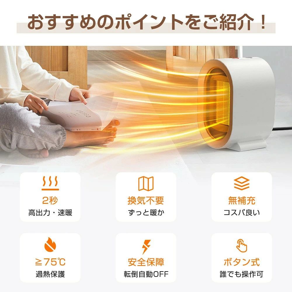 セラミックヒーター 小型 ファンヒーター 速暖 省エネ 脱衣所 足元 ミニ ヒーター ...