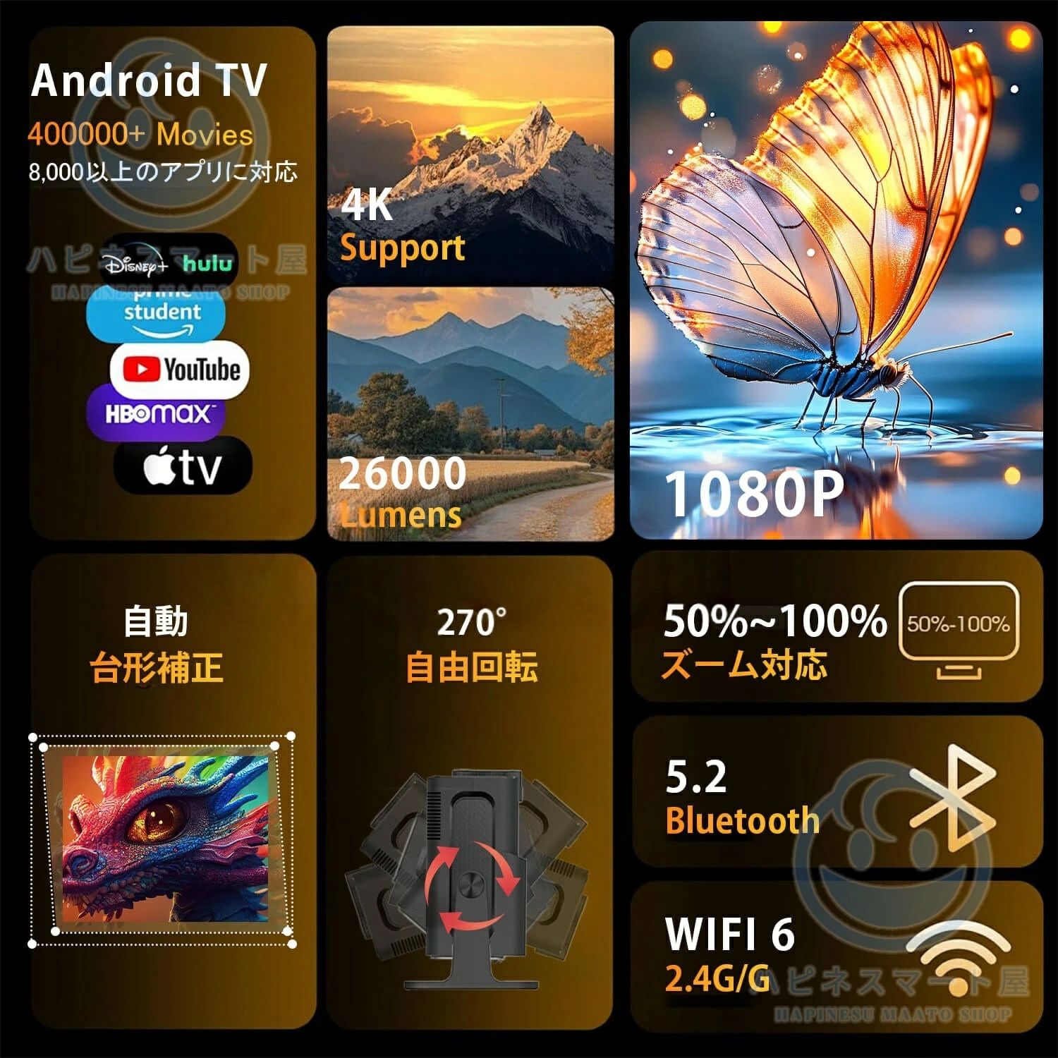 商品盛りだくさん楽天市場店の家庭用 Android Wi-Fi6 26000LM TV13搭載?270°回転 家庭用 50％ズーム機能 スピーカー内蔵 自動台形補正 小型 1080P スマホ/Swi｜アングル2