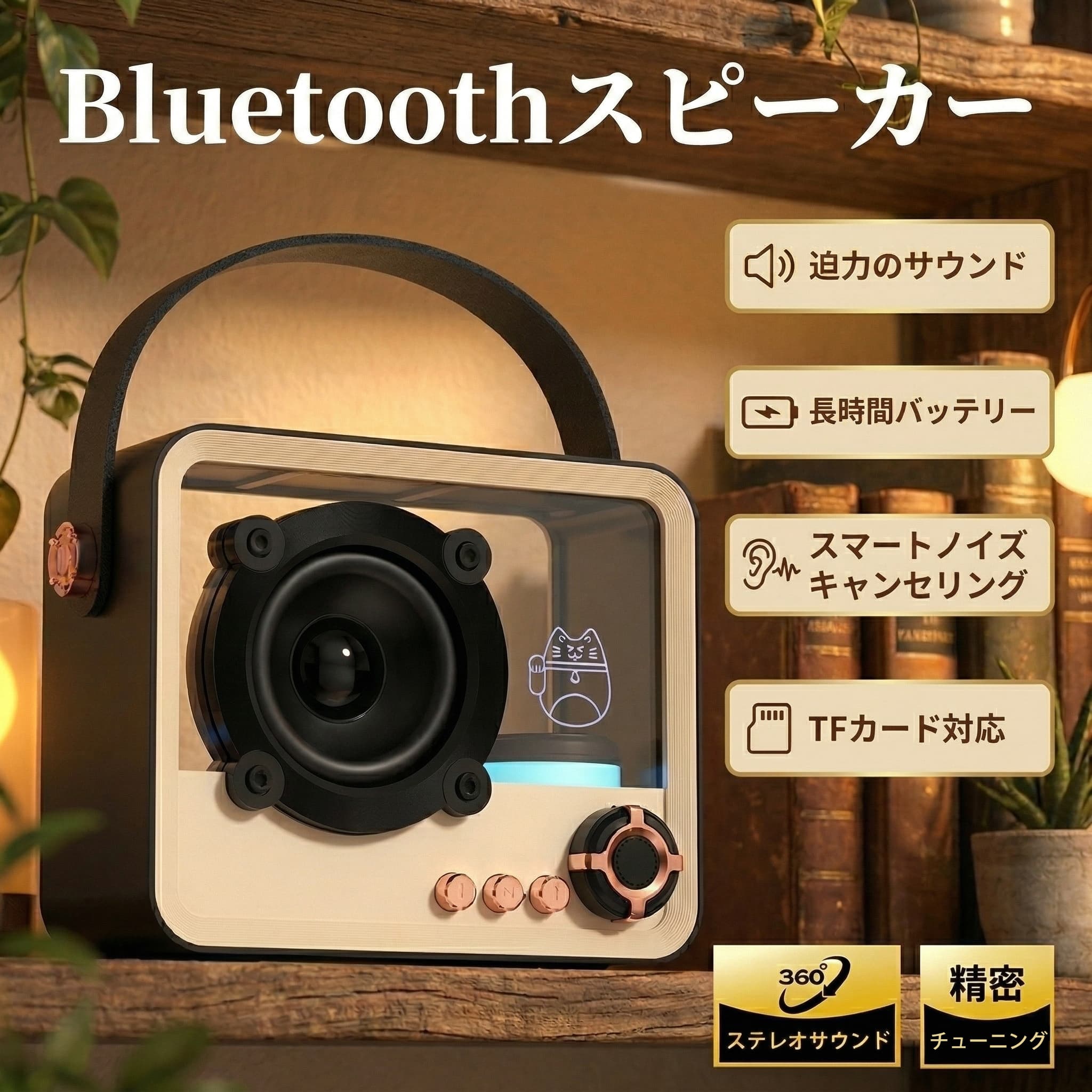 【Hi-Res高音質＆臨場感サウンド】・Hi-Resダブル認証：Hi-Res AUDIO＆Hi-Res AUDIO WIRELESS対応により、高解像度・高伝送のクリアな音質を実現します。・360°サラウンド音響：大出力スピーカーで全方向に広がる立体音響を再現し、迫力ある重低音と臨場感あふれるサウンドを楽しめます。【精密チューニング＆ノイズ低減】・高精度スピーカー設計：精密に調整された発声ユニットにより、パワフルでバランスの取れた音質を実現します。・スマートノイズリダクション：周囲の雑音を効果的に抑え、クリアで純粋な音楽体験を提供します。【安定接続＆多彩な再生方法】・Bluetooth 5.2対応：高速かつ安定したワイヤレス接続で、音切れや遅延を軽減します。・TFカード再生対応：TFカードを直接挿入して音楽再生が可能で、スマートフォンなしでも楽しめます。【長時間再生＆携帯性】・1000mAh大容量バッテリー：長時間の連続再生が可能で、屋外や長時間の使用にも安心です。・ポータブル設計：軽量コンパクトで、持ち運びやすく様々なシーンで活躍します。【デザイン性＆雰囲気演出】・透明ガラス×レトロデザイン：高透過ガラス素材とパンク風デザインが融合した、おしゃれで個性的な外観です。・RGBライト搭載：7色グラデーションの呼吸ライトで、音楽に合わせた雰囲気演出が可能。ナイトライトとしても活躍します。・細部までこだわり：マットボディとローズゴールド調ノブ、可愛い猫モチーフでインテリア性も抜群です。