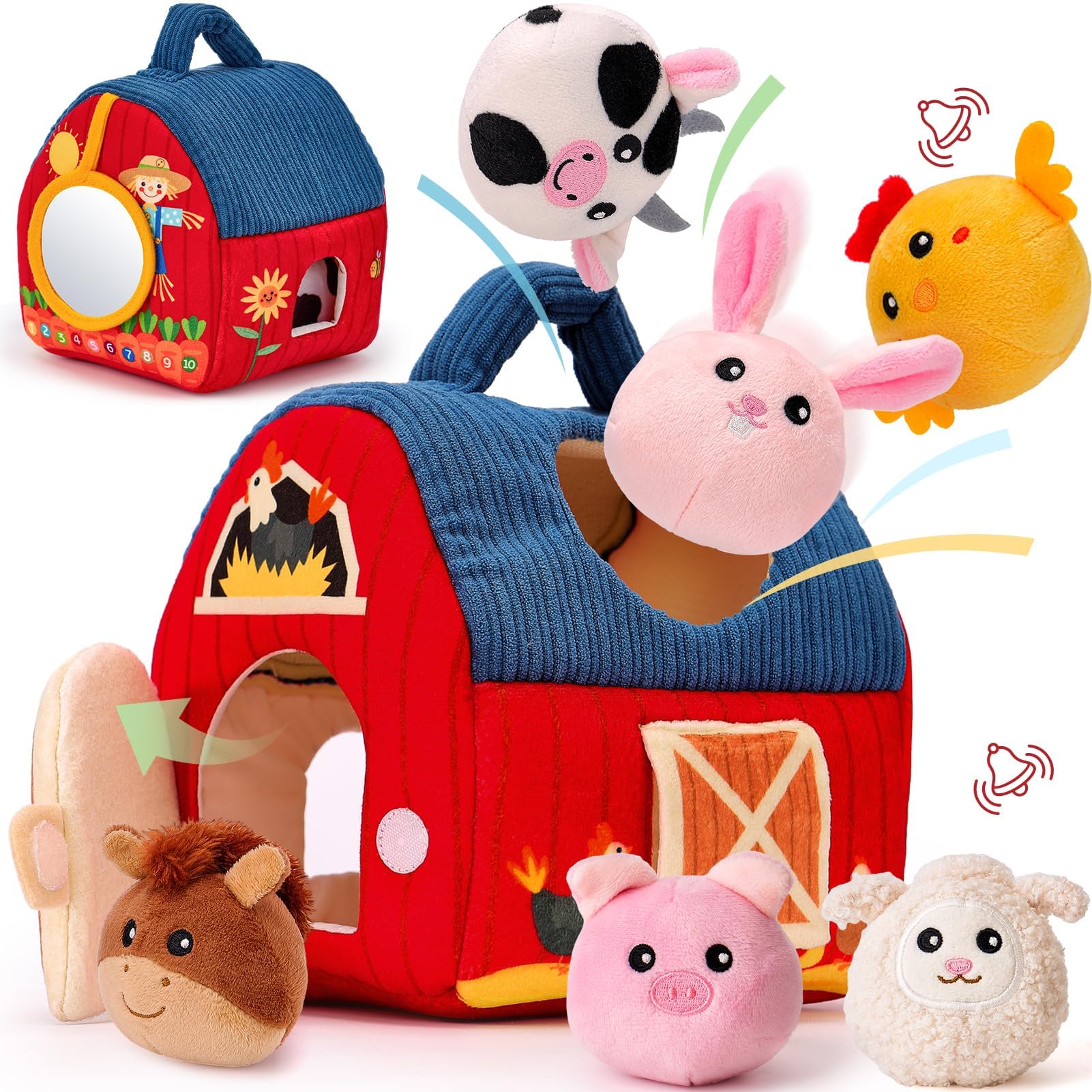 出産祝い 6-12月 赤ちゃん ぬいぐるみの農場の動物、ガラガラ、クリンクルペーパー、鏡付きのサプライズバーン 男の子 おもちゃ