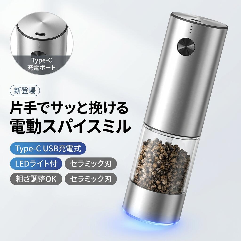 商品説明 片手でボタンを押すだけで塩や胡椒が挽ける電動ペッパーミル LEDライト付 粗さ調整可能 USB充電式 片手でラクラク 電動ペッパーミルは操作が非常に簡単で、子供でも簡単に操作できます。しかも製品の重量は非常に軽い。調理中下ごしらえで、片手がふさがっている時でもラクラクです。 ボタンを押すだけで 挽くときは本体にあるボタンを軽く押すだけ。握りやすいスリムなフォルムなので、片手で持ちながら指でボタンを押して使えます。 粗さ調整可能 電動ペッパーミルの底を回転させることでスパイスの粒度は調節でき、お好みや料理に合わせて粗さを調整できます。細かい粒子の場合は時計回りに、粗い粒子の場合は反時計回りに回転します。 残量が一目瞭然な透明タイプ 調味料入れる収納部は、大容量なので調味料を多めに入れることができ、便利です。残量が一目瞭然な透明タイプなので、確認しながら調味料を補充できます。 革新的なデザイン LEDライト付きで、光の足りない時も使えます、調味料をより鮮明に見ることができ、より美味しい料理作りをサポートします。 USB充電式 電動ペッパーミルは、USB充電ケーブル1本だけが必要で、バッテリーを交換する必要はありません。電池式より節約で環境にもやさしいです。 高品質素材 本体は高品質のセラミック刃なので、錆びにくい、耐久性に優れ、長時間ご使用いただけます。 使用範囲が広い 結晶塩、コショウ、山椒、柚子皮、七味唐辛子など色々な調味料が使用できます。 使い方 01、本当を分解する 02、調味料を入れる 03、お好みや料理に合わせて挽き方を自在に調整する 04、ボタンを押すだけで挽ける サイズ 【充電式】厚さ調節可能 容量：約95ml 重量：約360g サイズ：5.6*6*21.5cm 素材 ステンレス セラミック ABS PMMA 色 シルバー 備考 製造ロットにより、細部形状の違いや、同色でも色味に多少の誤差が生じます。 パッケージは改良のため予告なく仕様を変更する場合があります。 出荷前に全て検品を行っておりますが、万が一商品に不具合があった場合は、お問い合わせフォームまたはメールよりご連絡頂けます様お願い申し上げます。速やかに対応致しますのでご安心ください。 商品の色は、撮影時の光や、お客様のモニターの色具合などにより、実際の商品と異なる場合がございます。あらかじめ、ご了承ください。 同じ商品でも生産時期により形やサイズ、カラーに多少の誤差が生じる場合もございます。 他店舗でも在庫を共有して販売をしている為、受注後欠品となる場合もございます。予め、ご了承お願い申し上げます。 サイズ詳細等の測り方はスタッフ間で統一、徹底はしておりますが、実寸は商品によって若干の誤差(1cm~3cm )がある場合がございますので、予めご了承ください。 検索関連ワード スパイスミル, ソルトミル, ペッパーミル, 電動ミル, 電動ペッパーミル, キッチンツール, USB充電式, LEDライト付き, 粗さ調整, セラミック, コンパクト, おしゃれ, シンプル, 人気, ギフト, プレゼント, 調味料, 黒胡椒, 山椒, 花椒, 結晶塩, キャンプ, 片手操作, スリムデザイン, 大容量, 透明収納, 調理中便利, 存在感, 料理サポート, スパイス調整, 簡単操作, キッチン小物, スパイス容器, 料理用具, おすすめ, 定番, お買い物マラソン, 楽天スーパーSALE, 新生活, 送料無料, 料理ギフト, 調味料補充, 残量確認, 手軽, スピーディ, 使いやすい, 食卓, 自宅用, パーティー用, インテリア, モダン, トレンド, おしゃれキッチン, スタイリッシュ, リビング, 収納道具, アイデア商品, 料理好き, 便利グッズ, 家庭用 注意事項 ・ラッピング対応は行っておりません。 ・予告なく仕様変更になる場合がございます。 ・写真はイメージです。実際の商品と若干異なる場合がございます。 ・基本は全国一律送料無料と対応させていただきますが、沖縄・北海道・離島地域へお届けの場合は別途送料をご請求させていただきます。 ・商品のサイズは採寸方法によって、若干な誤差が生じる場合はあります。ご了承ください。 品質保証 ・出品商品は全て新品未使用です。 ・安心の初期不良対応 ：万が一商品に不具合があった場合は、商品到着後7日以内にご連絡ください。 ・不具合の状況確認のため、写真や動画のご提供をお願いする場合がございます。確認後、速やかに「新品交換」または「ご返金」にて対応させていただきます。 ・お客様に安心してご購入いただけるよう、誠心誠意サポートいたします。「悪い評価」を付ける前に、まずはお気軽にご相談ください。 電動スパイスミル, 電動ペッパーミル, 電動ソルトミル, スパイスミル, ソルトミル, ペッパーミル, セラミック刃, セラミックミル, 粗さ調整, 粗挽き, 細挽き, 粒度調整, ワンタッチ, 片手で挽ける, ボタン式, LEDライト付き, 透明ボトル, 残量確認, USB充電式, TYPE-C充電, コードレス, コンパクト, 小型, スリム, ステンレスボディ, おしゃれキッチン, シンプルデザイン, クリア収納, 卓上用, キッチンツール, 調理小物, 調味料入れ, 挽きたて, キャンプ用品, アウトドア, 車載, 旅行, おうちキャンプ, 料理時短, 下ごしらえ便利, 手がふさがっても使える, 子供でも使いやすい, 家族用, 黒胡椒, ホワイトペッパー, 岩塩, 結晶塩, 山椒, 花椒, スパイス, 調味料, 料理の仕上げ, 新生活, 送料無料, ポイント消化, プレゼント, ギフト, 母の日, 父の日, 誕生日, 楽天スーパーSALE, お買い物マラソン, 人気, おすすめ, 新生活ギフト注意事項：モニターの発色により、実物と異なる場合がございます。
