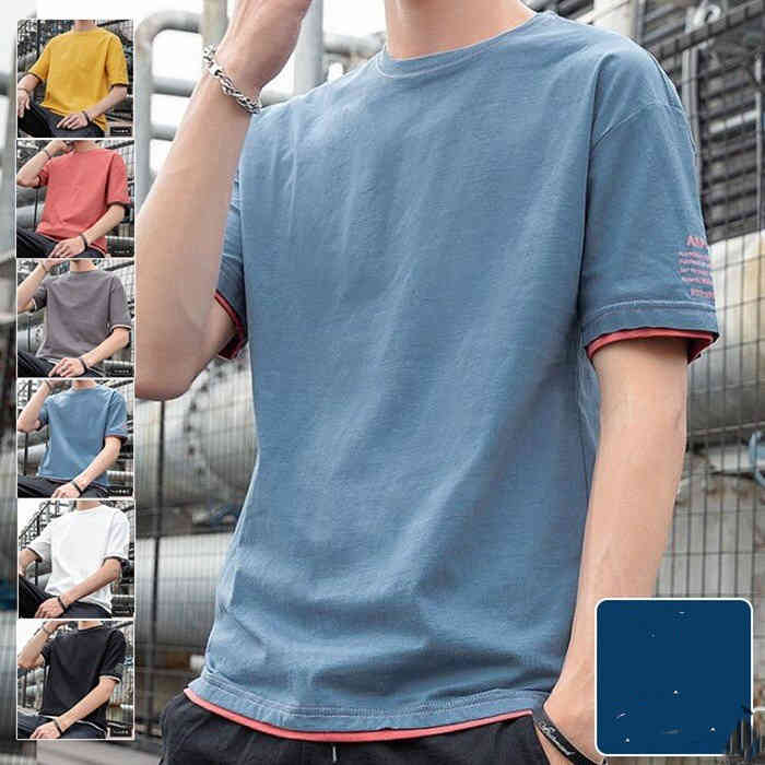 半袖Tシャツ Tシャツ レイヤード風 Tシャツ 重ね着風 ルームウェア クルーネック トップス 半袖 丸首 ゆったり ドロップショルダー 肩落ち カジュアル