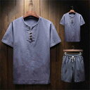半袖シャツ セットアップ メンズ チャイナ服 リネンジャージ ハーフパンツ 無地 上下2点セット スウェットセット 夏物