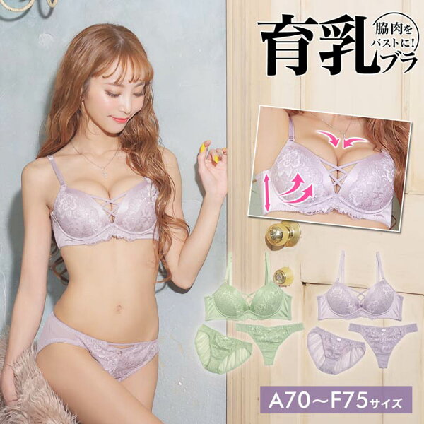 500円OFFクーポン 育乳ブラセットレーシーフラワークロスブラジャー&フルバック&Tバックショーツ|大きいサイズ脇高ブラセッ