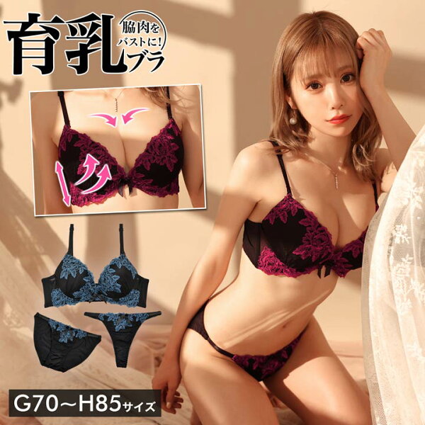 500円OFFクーポン 育乳ブラセットブラックフラワーエンブロイダリーブラジャー&フルバック&Tバックショーツ|大きいサイズ脇