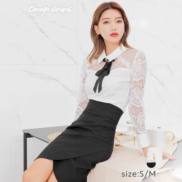 【スーパーSALE限定価格】キャバドレス キャバ ドレス 2ピース リボン ブローチ付き シアー レース タイト ミニドレス[change clothes] | ドレス キャバ キャバドレス ドレス ワンピース ミニドレス ナイトドレス キャバクラ