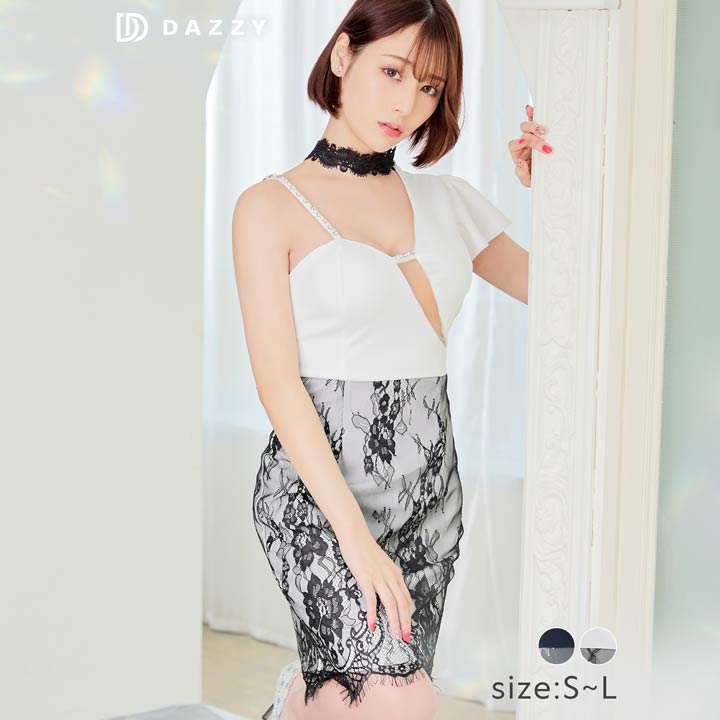 【ブラックフライデー限定！最大1000円OFFクーポン】ワンショルダーレースチョーカーネックタイトミニ..