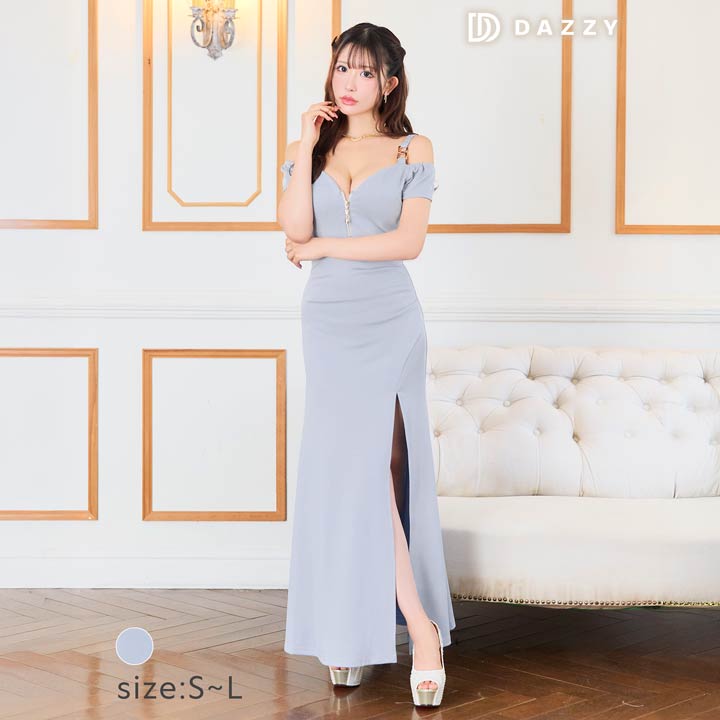 【MAX1000円OFFクーポン配布中】[SML/3サイズ展開] フロントジップオフショルダーバックルスリットタイトロングドレス [伊藤桃々着用]