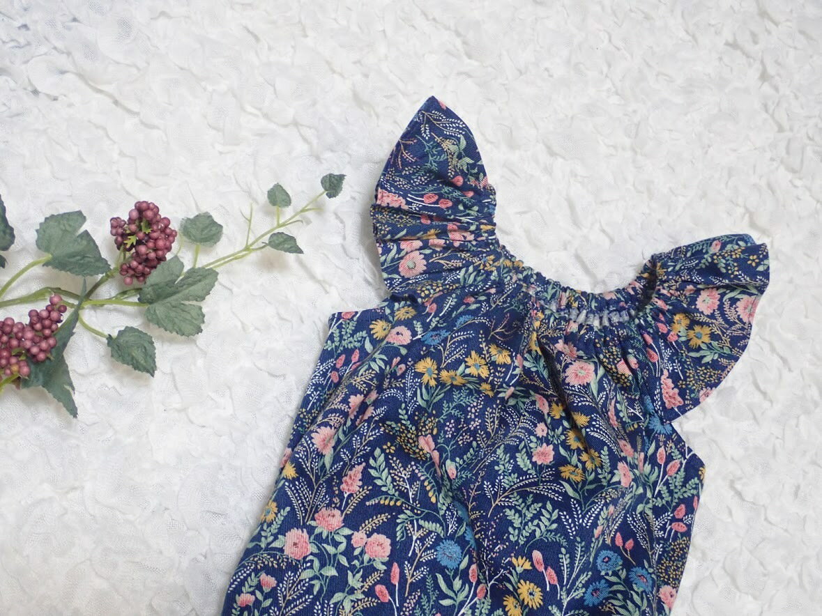 【BabyRito】ロンパース オールインワン カバーオール つなぎ ツイル 花柄デニム 70cm 80cm ベビー服 女の子服 かわいい おしゃれ