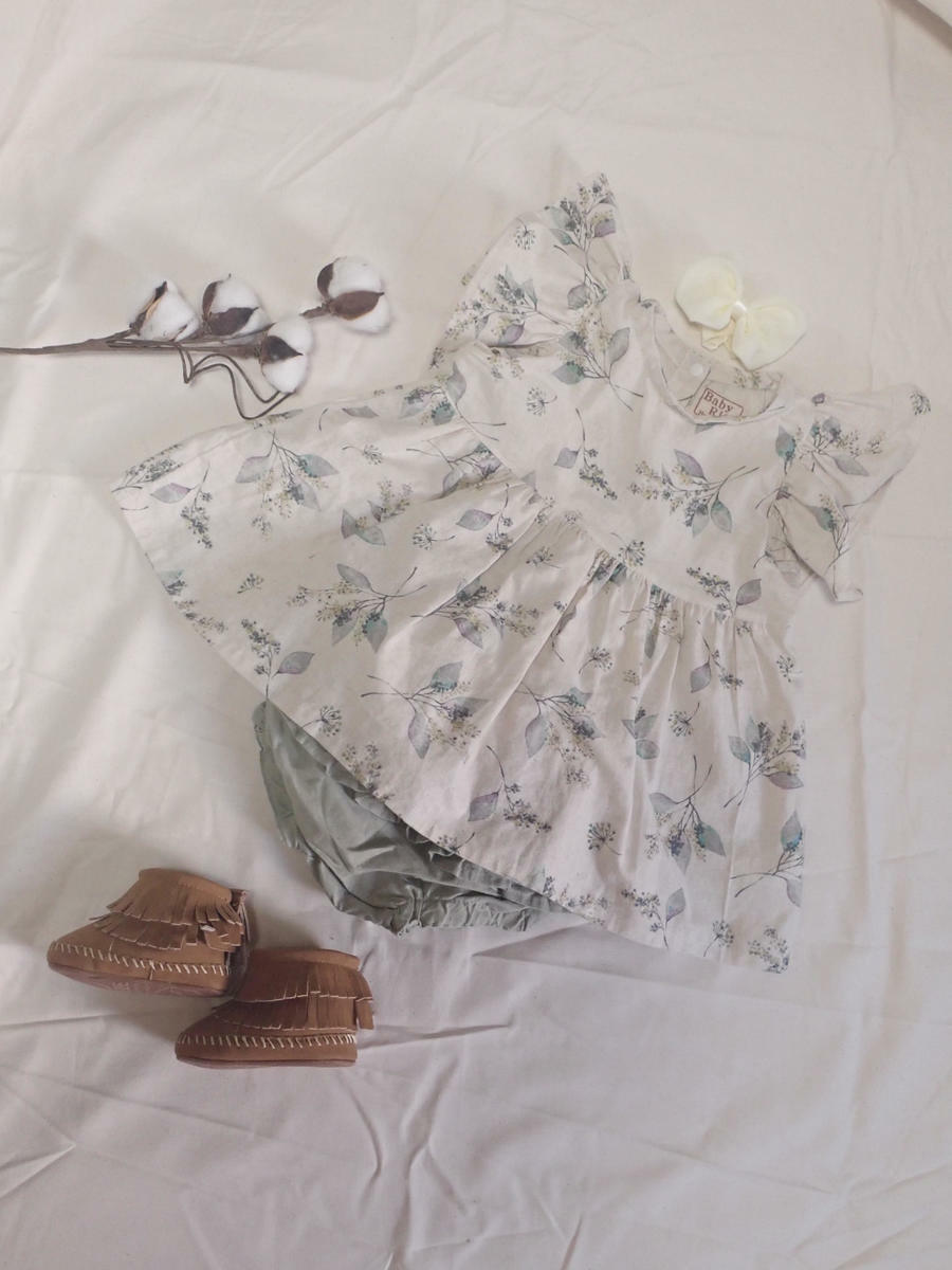 Louk Room Classic ルークルームクラシック 渋カラーシリーズ 種類豊富な品揃え 綿麻ビッグスリーブチュニック 渋カラー くすみカラー 70cm 80cm ベビー服 女の子服 大人かわいい 草花柄 Momen T グレー かわいい おしゃれ モーメント アイボリー カーキ ワンピース