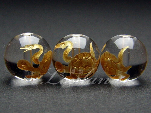 玄武・彫刻ビーズ（天然水晶金入り）10mmタイプ1（1個販売）　天然石　パワーストーン