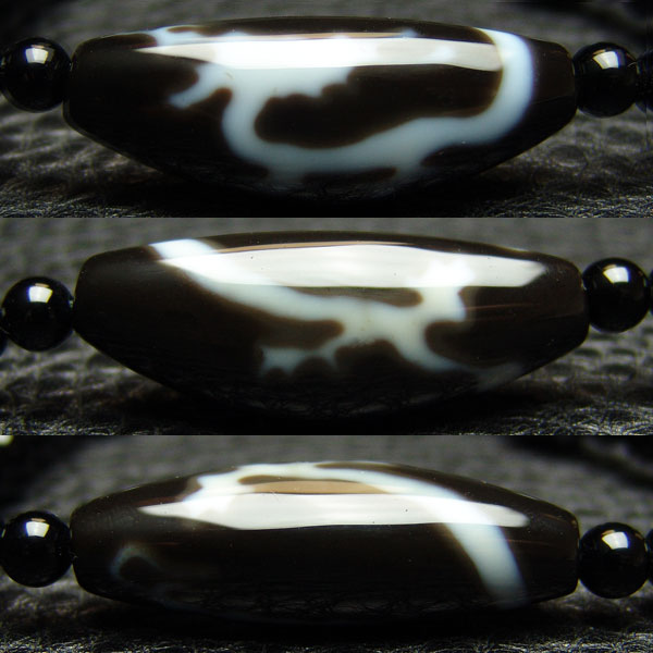 ★希少★【紐結びネックレス】 至純 弓型龍神天珠 約44×15×11.5mm 小型四線虎牙天珠 約12mm オニキス 約6mm 【首周りサイズ】約50〜60cmの間でサイズ調整可 【限定1点モノ 1031-38-242-003】西蔵 天珠 チベット dZiBeads 天然石 パワーストーン