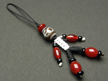 至純 大人天珠 約12mm ストラップ 【黒色紐・手足は赤メノウ 1041-12-510-901】天珠 携帯ストラップ パワーストーン 天然石