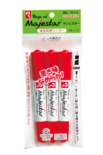 寺西化学工業株式会社お客様窓口（06）6185-1188商品仕様マジェスター赤の3本パック筆記線幅：太2.5×6mm、細1〜2mm。替えペン先有。インキ補充(T1、T2、T3のみ可)●材質：軸：PP　キャップ：PP　ペン先：ポリエステル●原産国：日本JANコード49020715574134902071557413　ls@AK-00831656