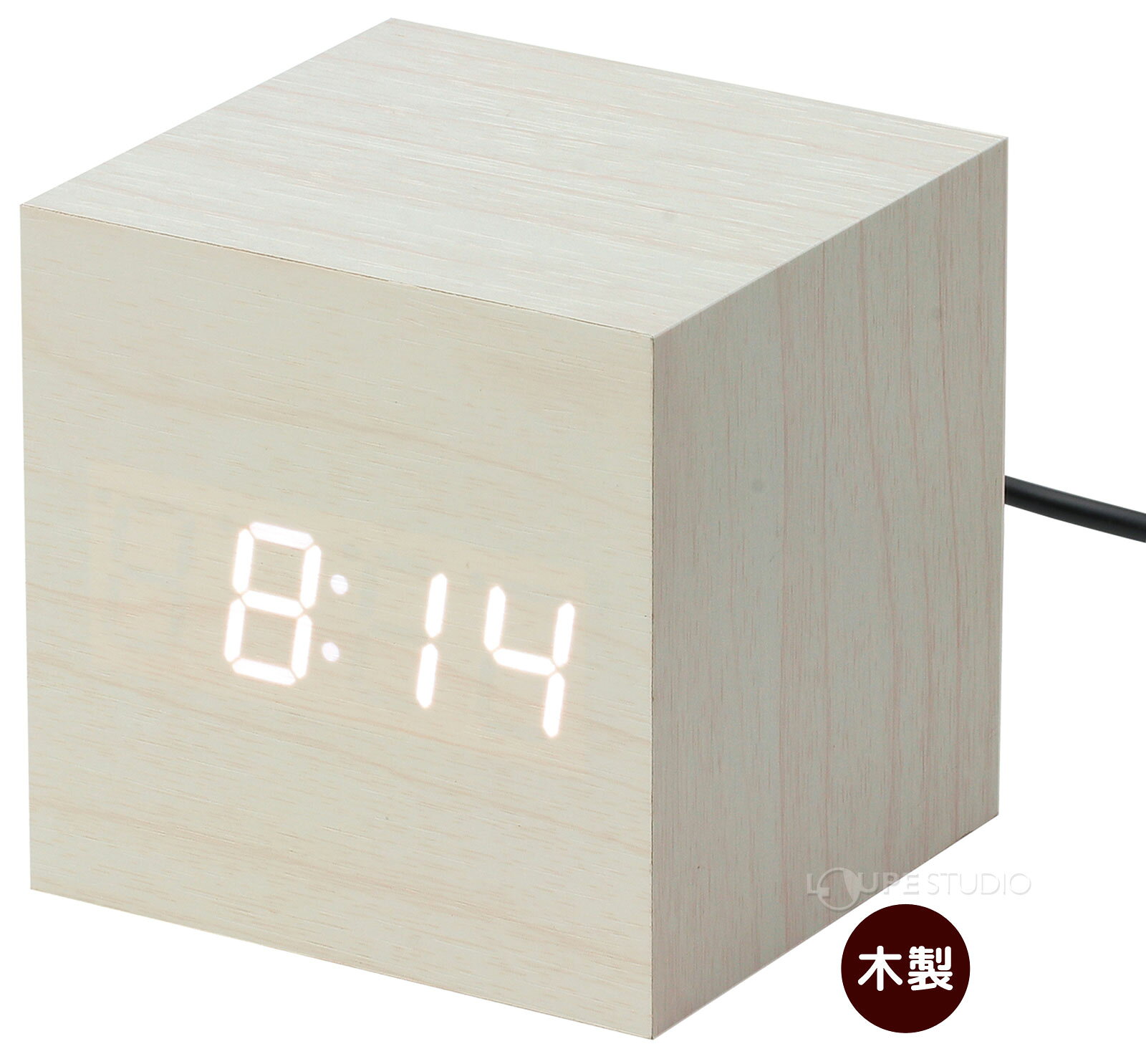 目覚まし時計 ウッド調 LEDクロック デジタル ホワイト おしゃれ インテリア USB 電池 キューブ型 アラーム 温度計 カレンダー [2]