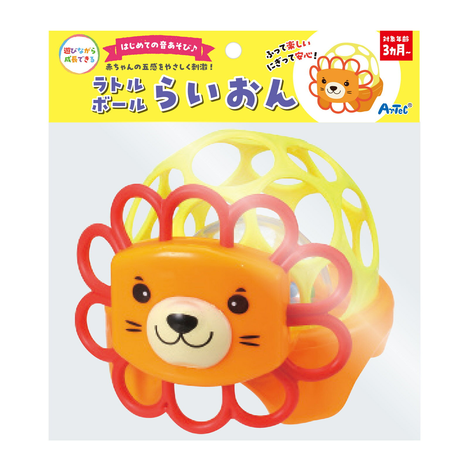 アーテック シェイカートランペット｜ラトル ベビー 知育 21418商品番号:ATC-13902振ってシャカシャカ!吹いてプープー!触っても楽しいトランペット!くすみカラーがかわいいトランペット型のおもちゃ!商品サイズ:約95×85×62mm/※色はお選びいただけません。シェイカーギター｜アーテック ギター ラトル商品番号:ATC-13905振るとシャカシャカ鳴って楽しい!ギターのラトル!商品サイズ:約70×120×35mm/※色はお選びいただけません。アーテック シェイカーマラカス｜音あそび 知育 赤ちゃん用 玩具 22025商品番号:ATC-13906振るとシャカシャカ、回すとカチカチ!かわいい色のマラカス!商品サイズ:約φ60×120mm/※色はお選びいただけません。アニマルラトル アーテック 知育 赤ちゃん ガラガラ商品番号:ATC-13907かわいいコンパクトサイズの動物柄ラトル。商品サイズ:ライオン/約100×85×15mm、ゾウ/約80×95×10mmおもちゃ ラッパ ラトル 音 知育玩具 幼児 子供 シェイカートランペット 幼稚園 保育園 室内 遊び クリスマス プレゼント商品番号:ATC-11606ラトルとしても吹くおもちゃとしても遊べるトランペット。商品サイズ:95×85×62mm4521718220239　ls@ATC-13904 ラトルボール,アーテック,らいおん,知育,ベビー,玩具,音,赤ちゃん,乳児,ファーストトイ,室内,遊び,手指,発達ラトルボール らいおん｜アーテック 知育 ベビー 玩具 音022023はじめてのおもちゃに!かわいいライオン型のラトルボール!中のボールがまわる!商品サイズ:約80×85×120mmはじめてのおもちゃに!かわいいライオン型のラトルボール!遊びながら成長できる乳幼児玩具です。振ると音が鳴る、ライオン型のかわいいラトルボールです。振ると音が鳴ることで、赤ちゃんの注意を引き、手指の運動能力やリズム感の発達にも寄与することができます。ラトル(ガラガラ)は赤ちゃんに最適なおもちゃの一つになります。赤ちゃんが手に持って動かすと中のカラフルなパーツが回転し、カラカラと音を奏でます。「動かすと音が鳴る」という因果関係を自然に学ぶことができ、聴覚・視覚・触覚をバランスよく刺激します。握りやすい形状で手指の運動を促し、感覚統合やリズム感の発達をサポート。軽量で持ちやすく、初めてのおもちゃとしても安心して使える乳幼児向け知育玩具です。&nbsp;ラトルボール らいおん｜アーテック 知育 ベビー 玩具 音スペック商品サイズ約80×85×120mm重量101g本体色オレンジ材質ABS、TPR、GPPS対象年齢3か月～注意保護者の目の届くところで遊ばせてください。対象年齢未満のお子さまには絶対に与えないでください。製造国中国 アーテック(artec) ※仕様及び外観は改善のため、予告なく変更することがあります。【●こども館】